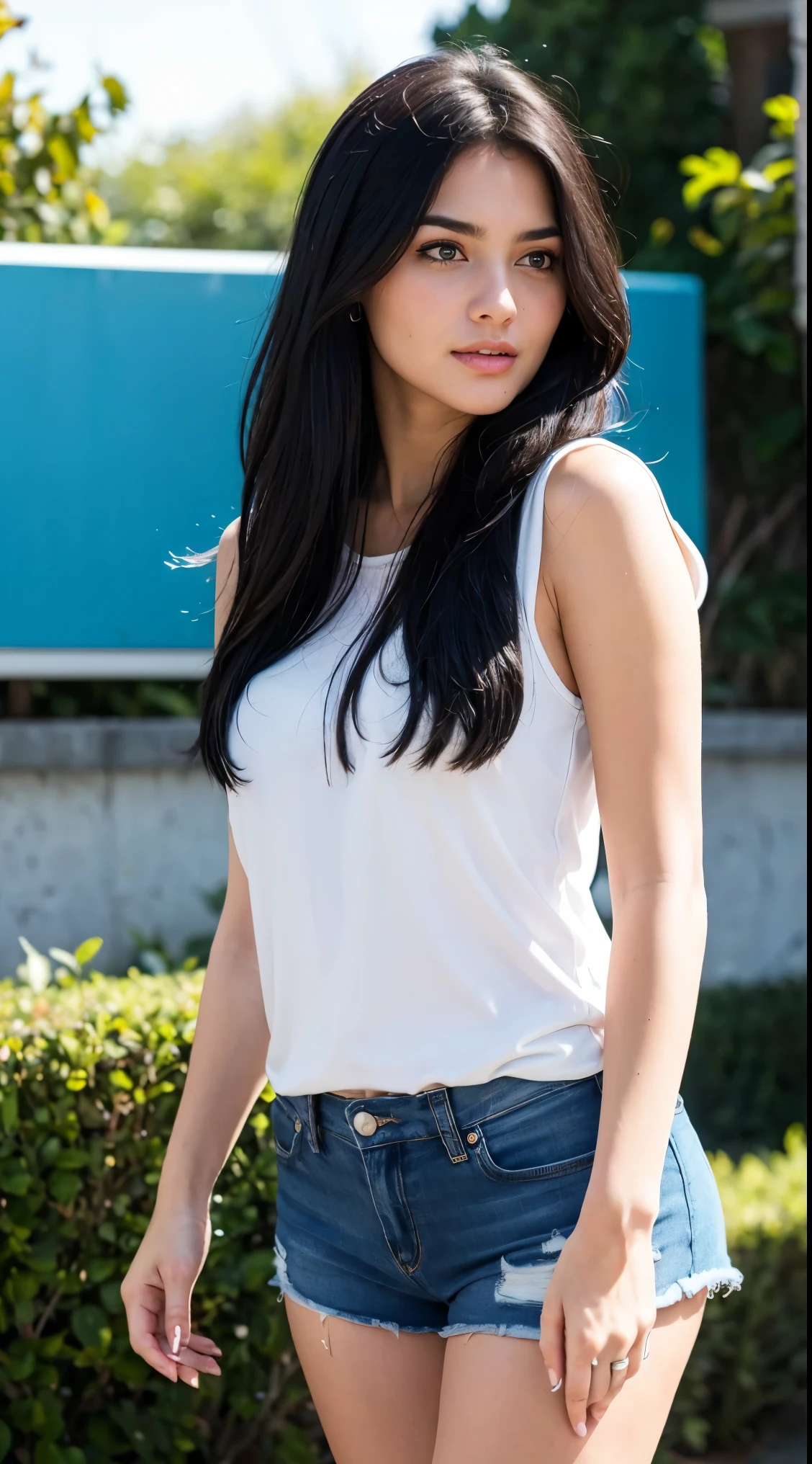 a detailed, highly detailed, masterpiece portrait of 1 girl with black wavy long hair and bangs, wearing a sleeveless shirt, shorts, and sneakers, standing by the sea, ultra-detailed, (best quality,4k,8k,highres,masterpiece:1.2),ultra-detailed,(realistic,photorealistic,photo-realistic:1.37),HDR,UHD,studio lighting,ultra-fine painting,sharp focus,physically-based rendering,extreme detail description,professional,vivid colors,bokeh,portrait
