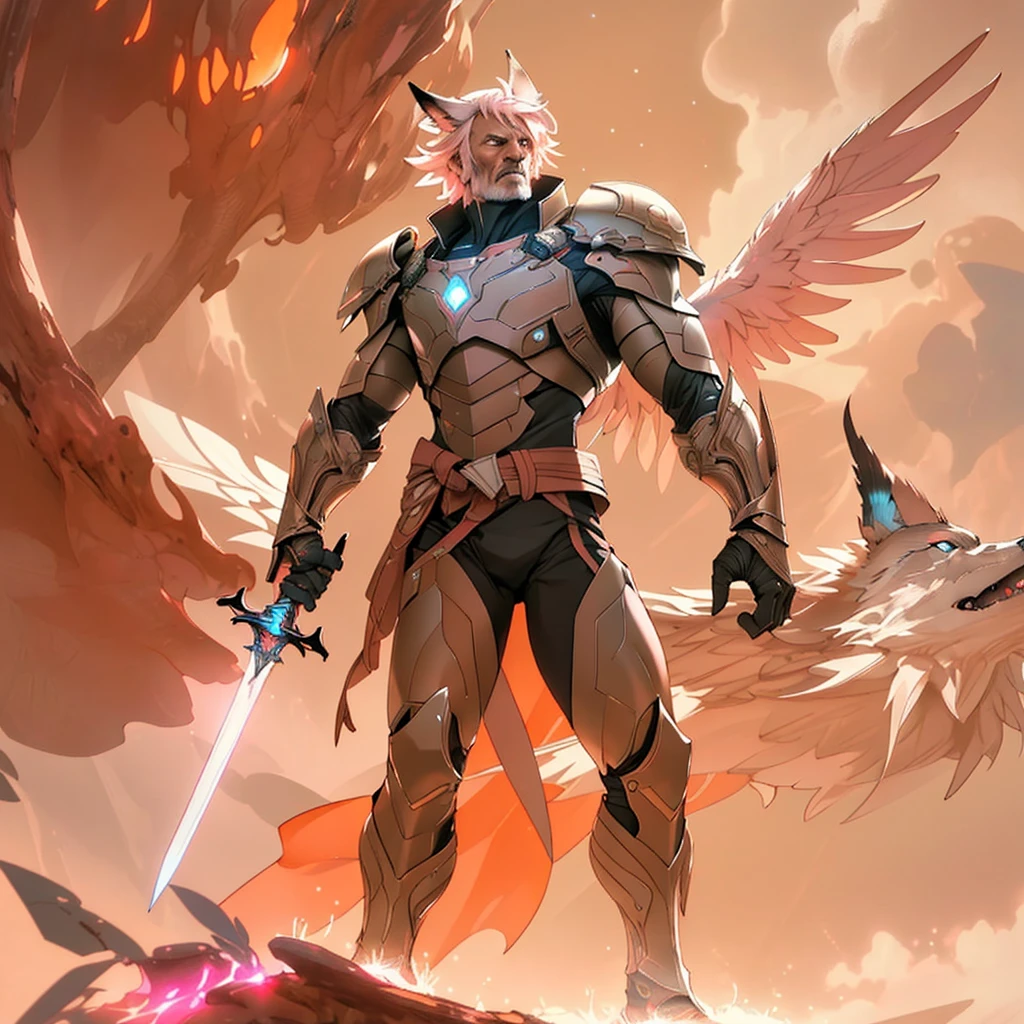 warrior with long wings, old men with wolf ears, (ultra-detailed), (perfect lighting), (dynamic angle), floating while landing, futuristic retro armor, long sword, fire pink neon glowing outline, starry sky, colorful clouds