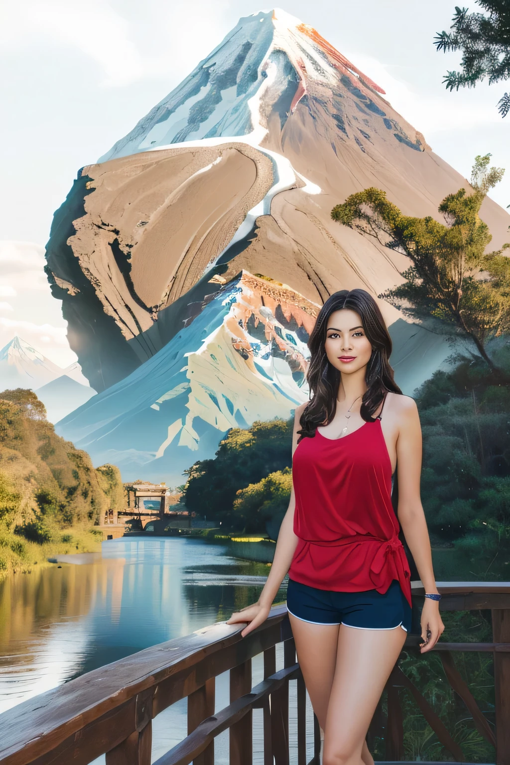 woman standing on a bridge with a mountain in the background ((Mont Everest, Animal Kingdom - Disney Orlado), animal kingdom, with mountains in the background, with mountains in the background, with mountains in the background, USA-September 20, photo taken in 2016, in the Animal Kingdom adventure - Orlando, Disneyland as a backdrop, mountain in the background, with a volcano in the background, vacation photo, mountains in the background, Animal Kingdom, full body photo, full body, body. entire - front photo The Brazilian woman is wearing formal clothes, a red tank top and dark blue shorts, holding a brown notebook in front of her. A beautiful Brazilian woman, with white skin, dark brown hair. She is about 45 years old, 165 cm tall and weighs 56 kg. Her body exudes glamor and her face is a definition of beauty. Slender body, thin waist. Highly realistic, hyperrealism, very elaborate skin. Clear photo, high resolution, high quality, masterpiece, 16K photo, high contrast, masterpiece, NUDE, NUDITY, NFSW.