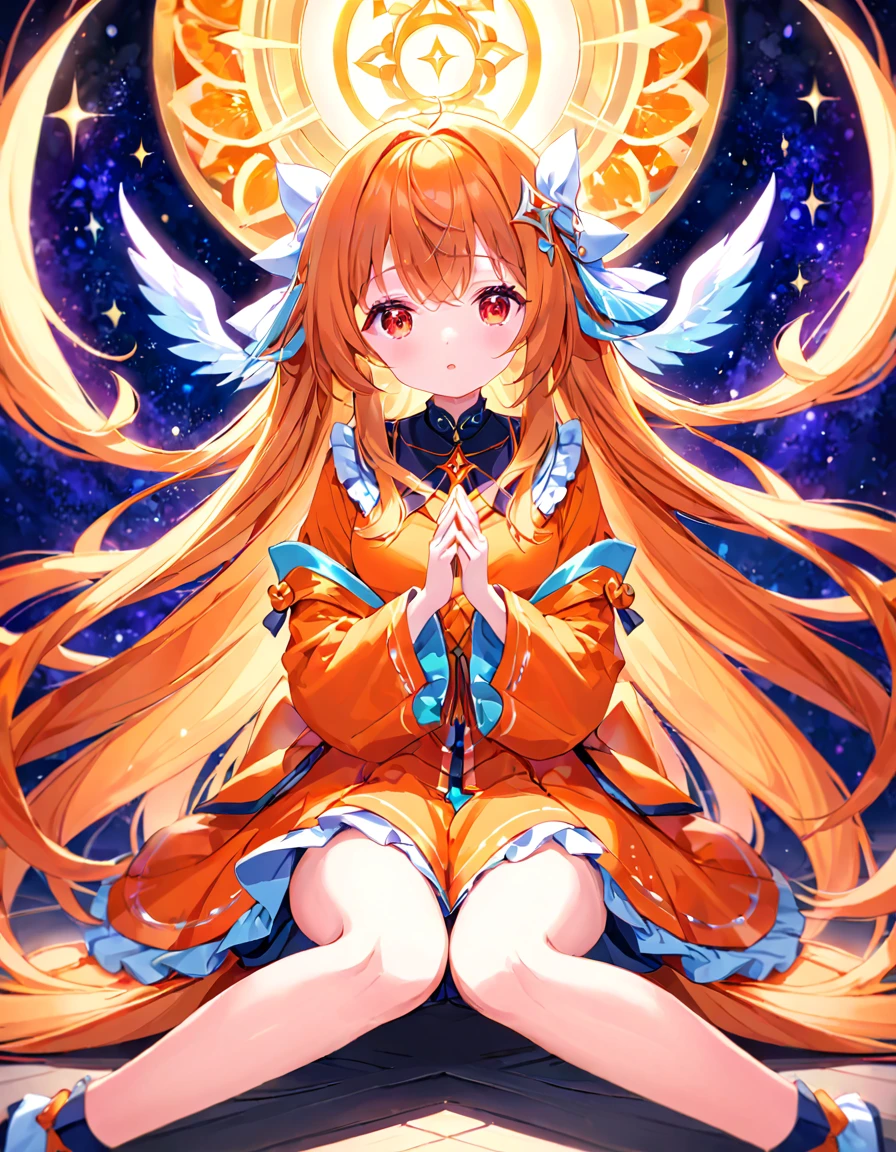 (masterpiece, best quality: 1.2), high resolution, high quality, girl, cute , , outfit random, orange very long hair, , spiritual aura, sitting, , , , red eyes
