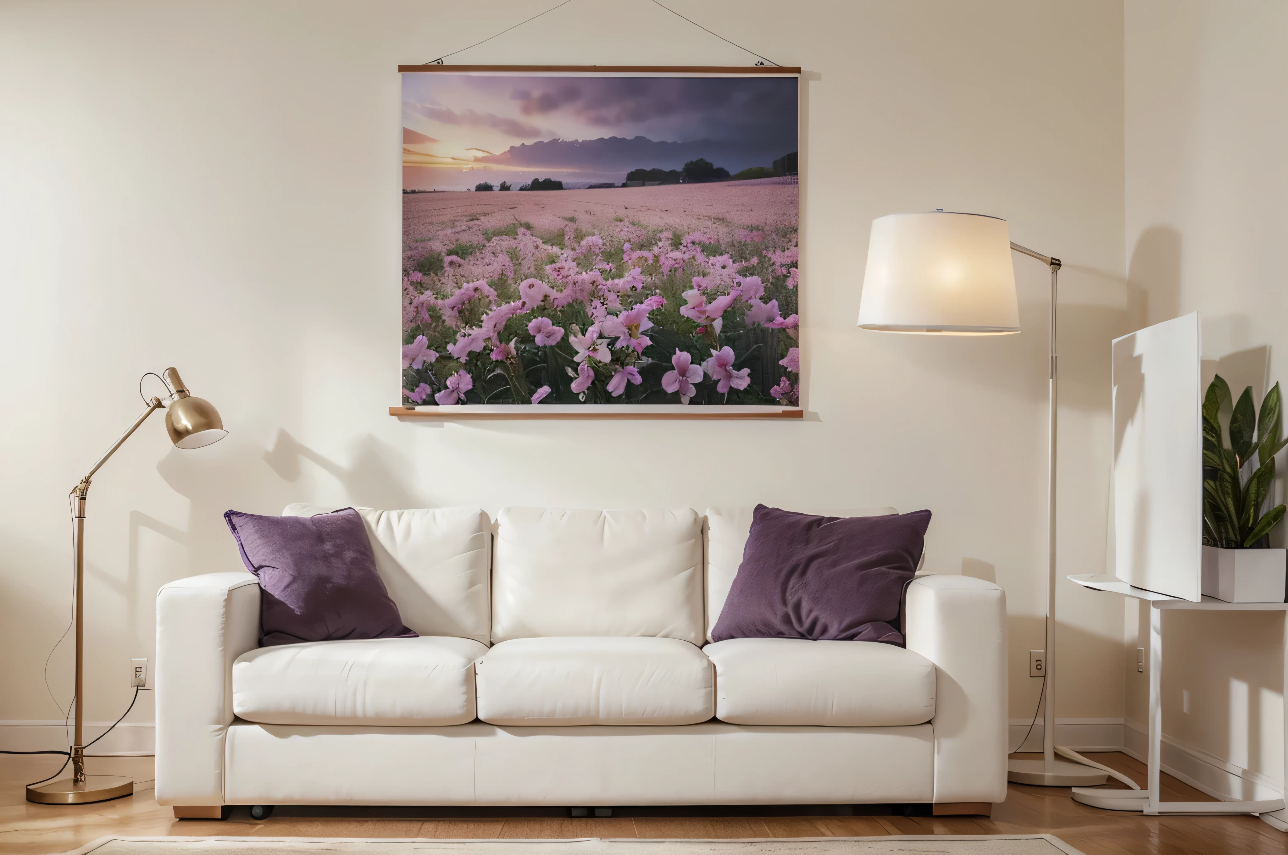 A minimalistic poster mockup hanging on a clean, plain light cream wall. The focus is on the poster, with no distracting elements. The only piece of furniture in the scene is a simple, modern purple color sofa placed to one side & cloth on sofa . The lighting is low, soft and natural, highlighting the textures and details of the poster. The overall composition is clean and uncluttered, drawing attention to the mockup. 4K. matching flowers for wall color.