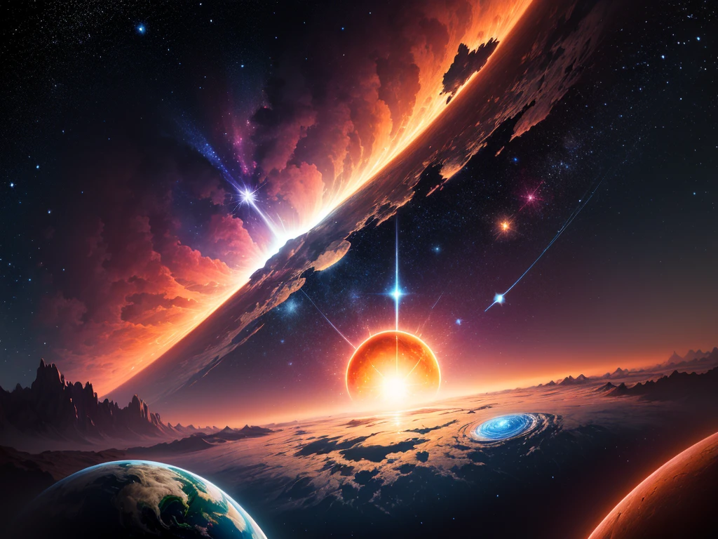 cosmic background, stars, red, blue sun, earth, ((background:1.5))