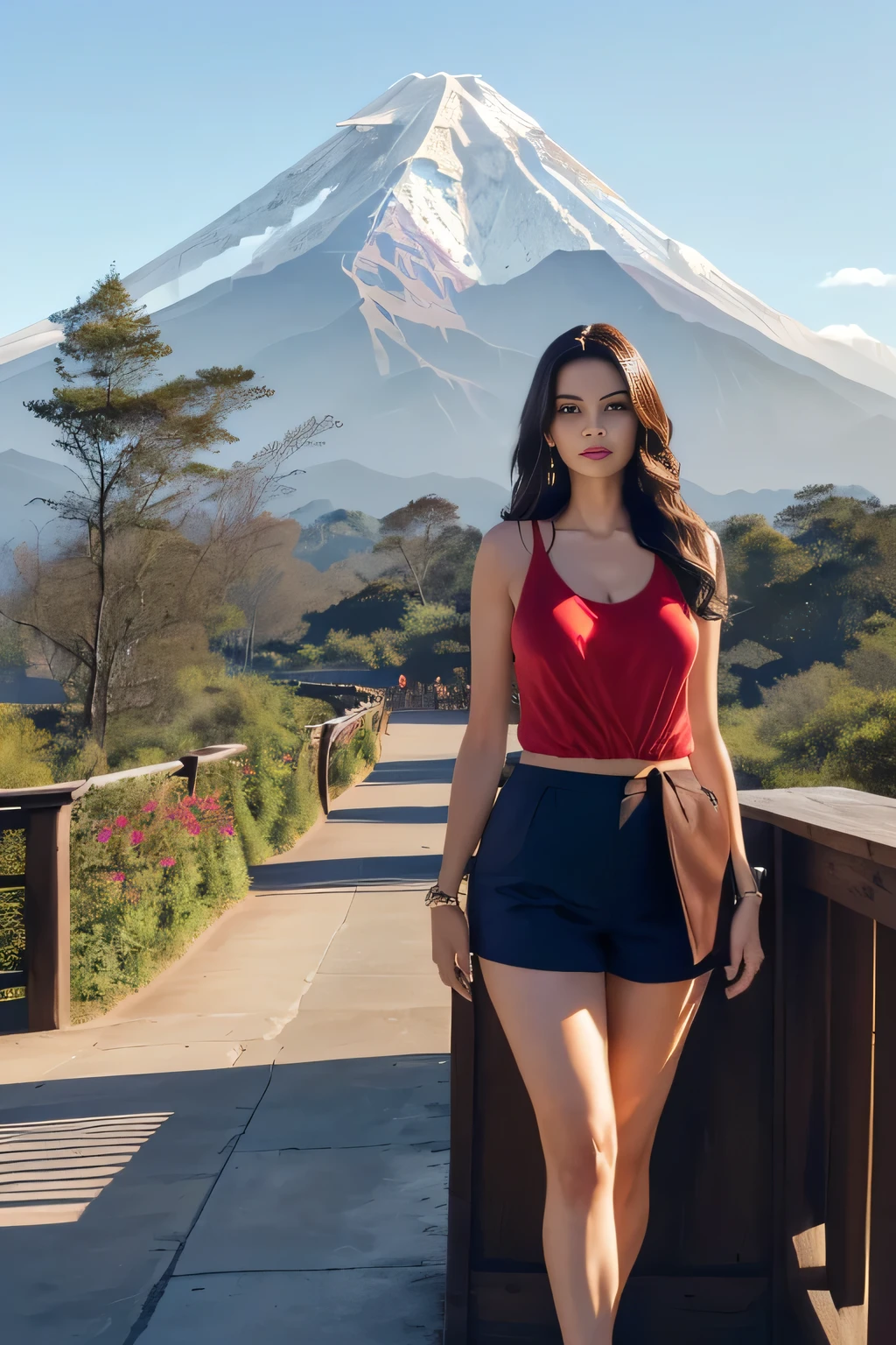 woman standing on a bridge with a mountain in the background ((Mont Everest, Animal Kingdom - Disney Orlado), animal kingdom, with mountains in the background, with mountains in the background, with mountains in the background, USA-September 20, photo taken in 2016, in the Animal Kingdom adventure - Orlando, Disneyland as a backdrop, mountain in the background, with a volcano in the background, vacation photo, mountains in the background, Animal Kingdom, full body photo, full body, body. entire - front photo The Brazilian woman is wearing formal clothes, a red tank top and dark blue shorts, holding a brown notebook in front of her. A beautiful Brazilian woman, with white skin, dark brown hair. She is about 45 years old, 165 cm tall and weighs 56 kg. Her body exudes glamor and her face is a definition of beauty. Slender body, thin waist. Highly realistic, hyperrealism, very elaborate skin. Clear photo, high resolution, high quality, masterpiece, 16K photo, high contrast, masterpiece, NUDE, NUDITY, NFSW.