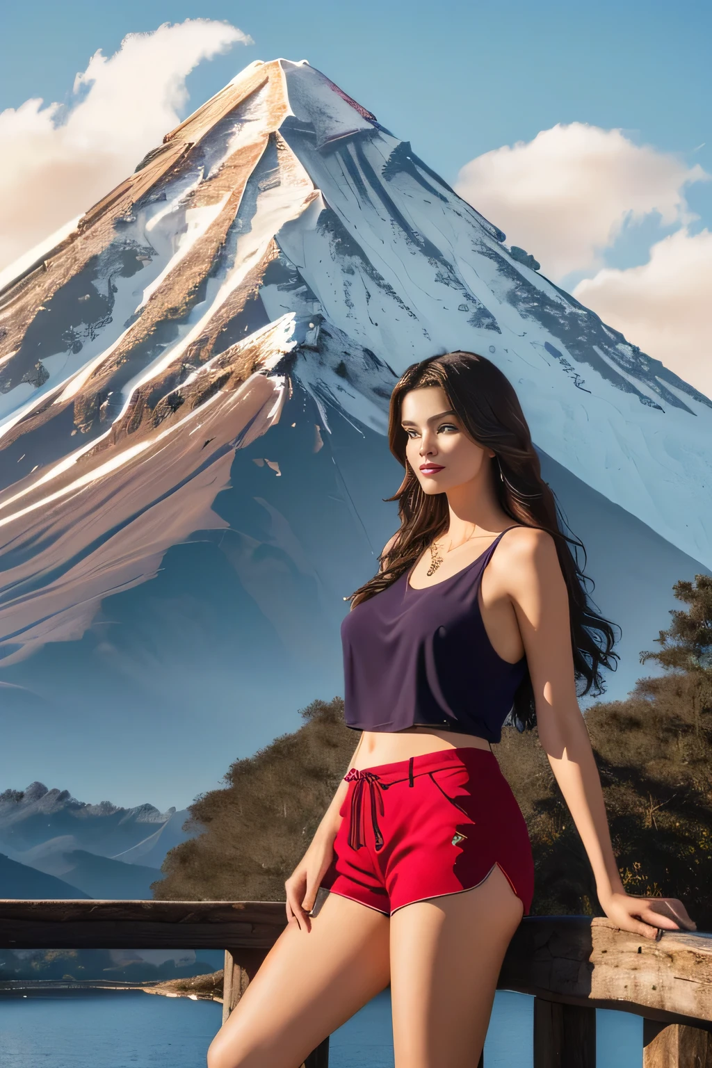 woman standing on a bridge with a mountain in the background ((Mont Everest, Animal Kingdom - Disney Orlado), animal kingdom, with mountains in the background, with mountains in the background, with mountains in the background, USA-September 20, photo taken in 2016, in the Animal Kingdom adventure - Orlando, Disneyland as a backdrop, mountain in the background, with a volcano in the background, vacation photo, mountains in the background, Animal Kingdom, full body photo, full body, body. entire - front photo The Brazilian woman is wearing formal clothes, a red tank top and dark blue shorts, holding a brown notebook in front of her. A beautiful Brazilian woman, with white skin, dark brown hair. She is about 45 years old, 165 cm tall and weighs 56 kg. Her body exudes glamor and her face is a definition of beauty. Slender body, thin waist. Highly realistic, hyperrealism, very elaborate skin. Clear photo, high resolution, high quality, masterpiece, 16K photo, high contrast, masterpiece, , , NFSW.
