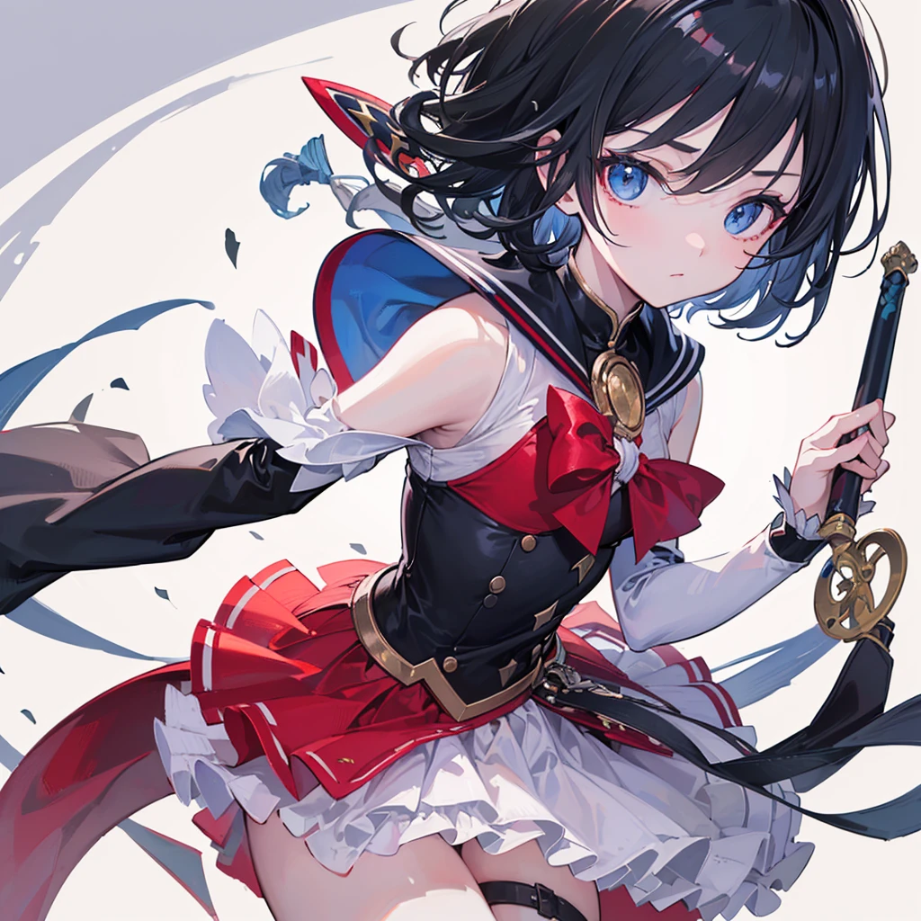 (((Best quality, 8k, Masterpiece: 1.3)), ((best quality)), ((masterpiece)), (detailed), boy,juvenile,Black Hair,short hair,Fighting in magical girl cosplay,Magic Sword,Wearing Light