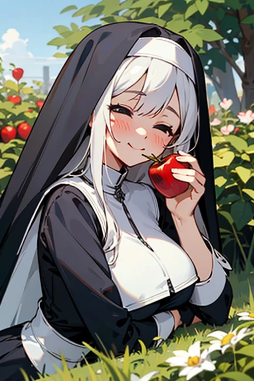 Better quality, master piece, very detailed, 29 years old, cute young woman, european factions, big boobs, nice waist, long hair, white hair, black eyes, complety black eyes, horny, really big boobs, cute face, blushed, in love with the viewer, waiting for you, eating an apple, very happy for his food, closed eyes. really detailed background, nun, garden, garden background