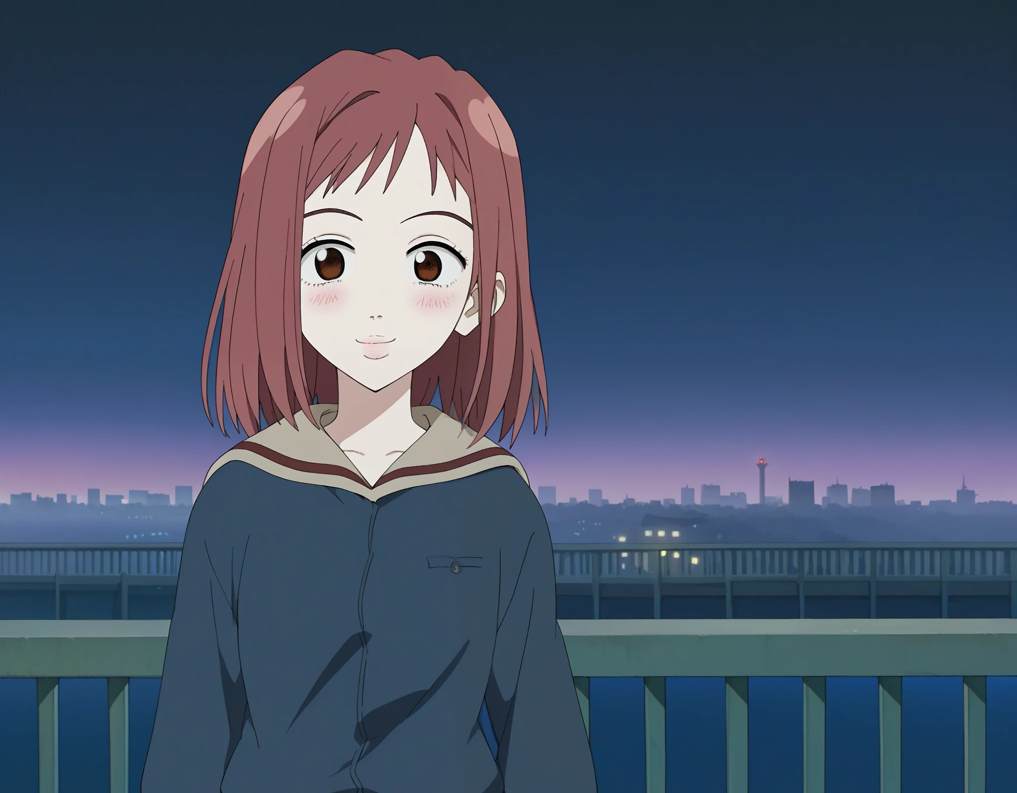 sscore_9, score_8_up, score_7_up, score_6_up, source_anime,masterpiece, best quality, very aesthetic, absurdres, 1girl, solo, Mamimi_Samejima, , skirt, long sleeves, pleated skirt, looking at viewer, night, close-up of railing, overlooking river, city background, city lights, standing, upper body, blush, slight smile,FZKZ