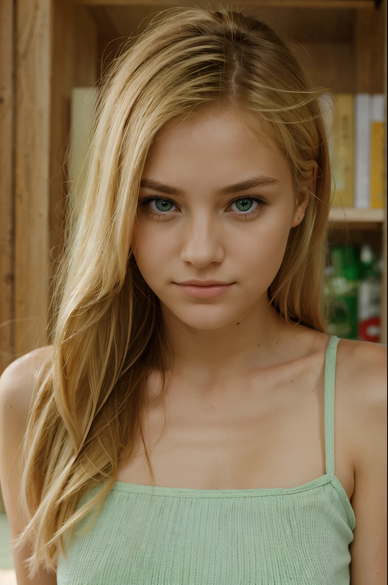 Une jeune femme de 20 ans, green eyes and blond hair looking at the camera