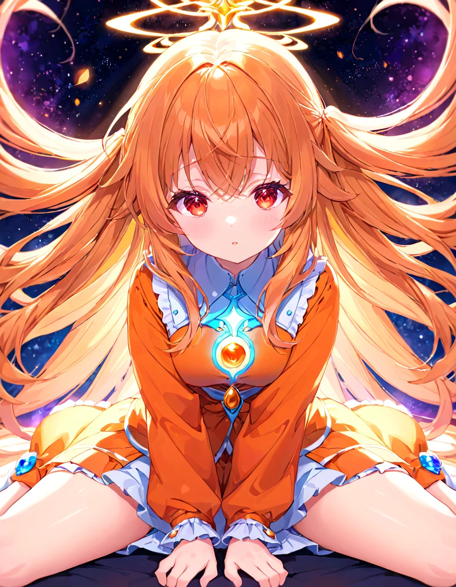 (masterpiece, best quality: 1.2), high resolution, high quality, girl, cute , , outfit random, orange very long hair, , spiritual aura, sitting sideways, , , red eyes