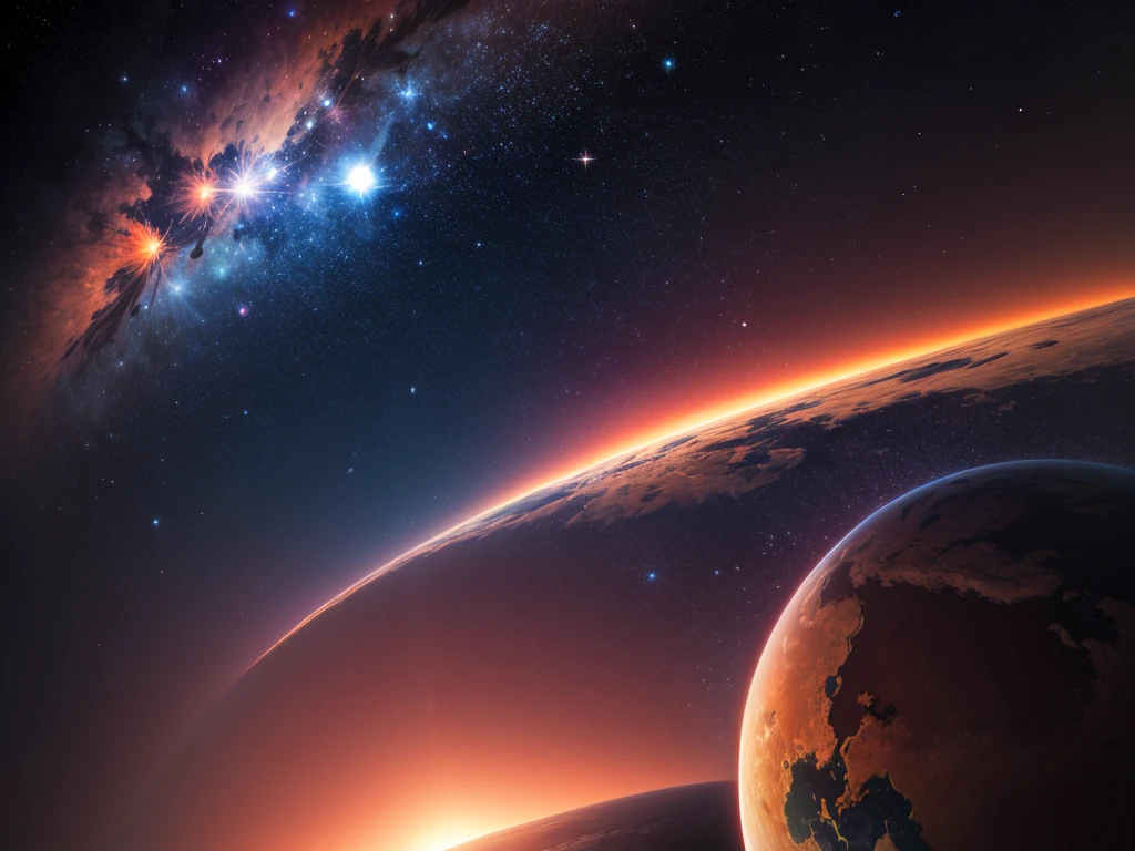 cosmic background, stars, red, blue sun, earth, ((background:1.5))
