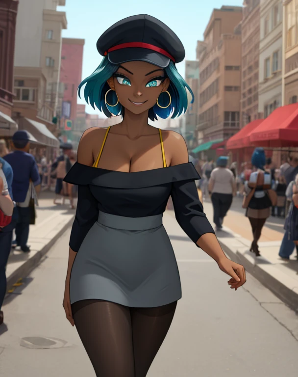 masterpiece, best quality, (Detailed face:1.2), (Detailed eyes:1.2), solo, 1girl, nessacasual, aqua eyes, dark skin, short hair, black hair, blue hair, aqua hair, multicolored hair, two-tone hair, smile, medium breasts, grey cabbie hat, red shirt, off shoulder, collarbone exposed, cleavage, black short skirt, pantyhose, hoop earrings, black high-heels, hoop earrings, walking, arms to the side, outdoors, city street
