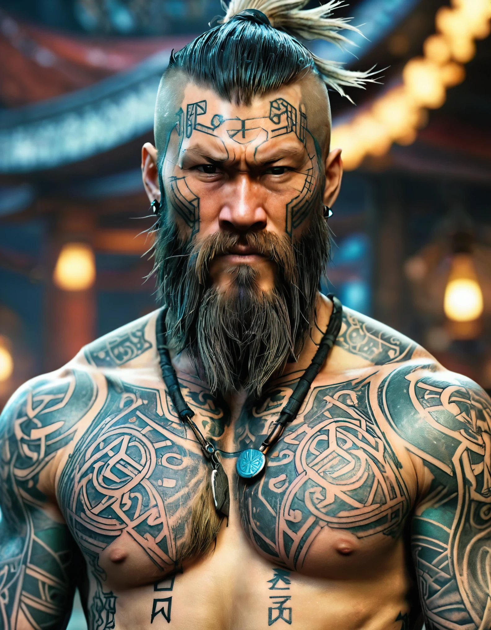 a close up of a man with a beard and tattoos on his chest, technoviking male with no shirt, with rune tattoos on the face, djinn human hybrid, norse god, picture of an adult male warrior, asgardian, muscular character, as a character in tekken, inspired by Li Gonglin, inspired by Li Kan, avatar image, viking god