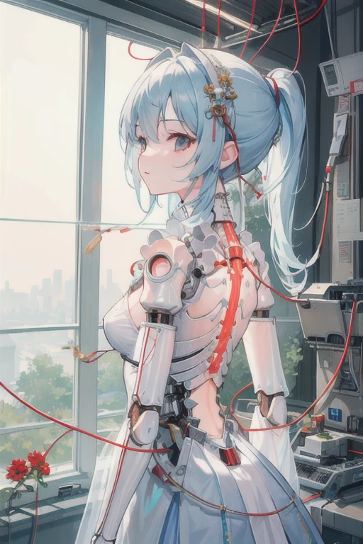 (((masterpiece))), (((best quality))), ((Extremely detailed)), (Highly detailed CG illustrations), ((Extremely delicate and beautiful)),(from the side),light,((1机械女孩)),Solitary,whole body,(machine made joints:1.2),((Mechanical limbs)),(Blood vessels connected to the tubes),(A mechanical vertebrae attached to the back),((Mechanical cervical fixation)),(sit),Poker face,(Wires and cables connected to the neck:1.2),(Wires and cables on your head:1.2)(character focus),Science fiction,Extremely detailed,rich and colorful,The most detailed