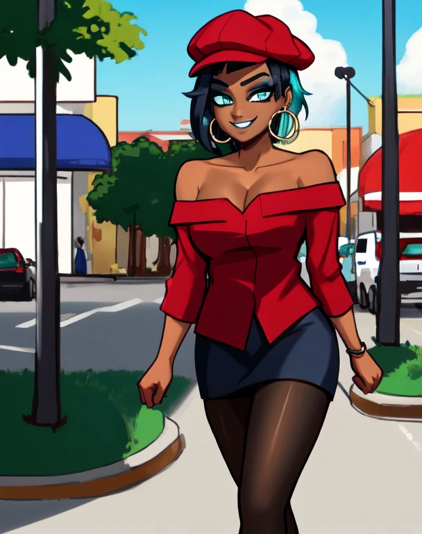 masterpiece, best quality, (Detailed face:1.2), (Detailed eyes:1.2), solo, 1girl, nessacasual, aqua eyes, makeup, dark skin, short hair, black hair, blue hair, aqua hair, multicolored hair, two-tone hair, smile, medium breasts, grey cabbie hat, red shirt, off shoulder, collarbone exposed, cleavage, black short skirt, pantyhose, hoop earrings, black high-heels, hoop earrings, walking, arms to the side, outdoors, city street
