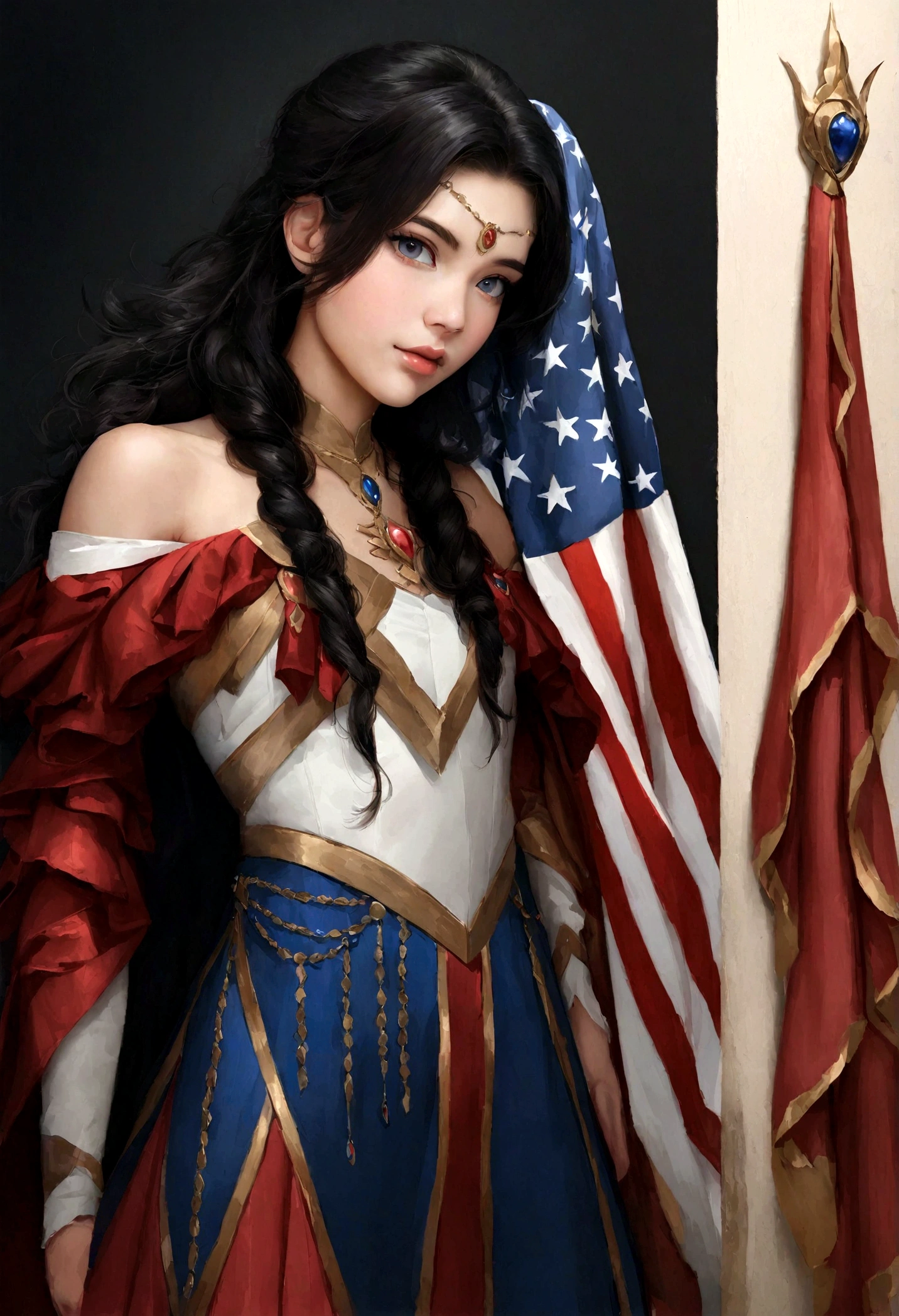 (Hermosa princesa)), foto realista, 2persona, Cabello blanco largo y suelto, (Ojos azules brillantes y hermosos), desnuda con pechos naturales, Fondo ????? AMOLED, USA Flag