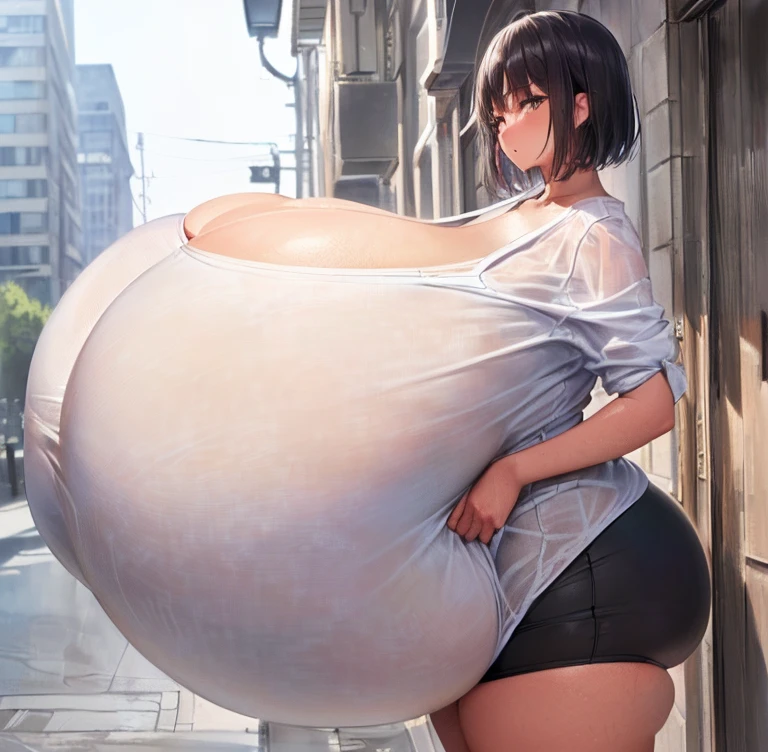 (8k, masterpiece, expensive, Ultra-fine illustrations, Detailed Background:1.5), Perfect Anatomy, Single Shot,From the side,whole body (alone, Black Hair, Short Hair, Brown skin、girl), (Plain clothes, expensive , White、Big shirt, bragas cortas:1.25), (Top-heavy, Huge breasts:2), (Big Ass, Thighs, thick:1.5), attractive,Sweaty