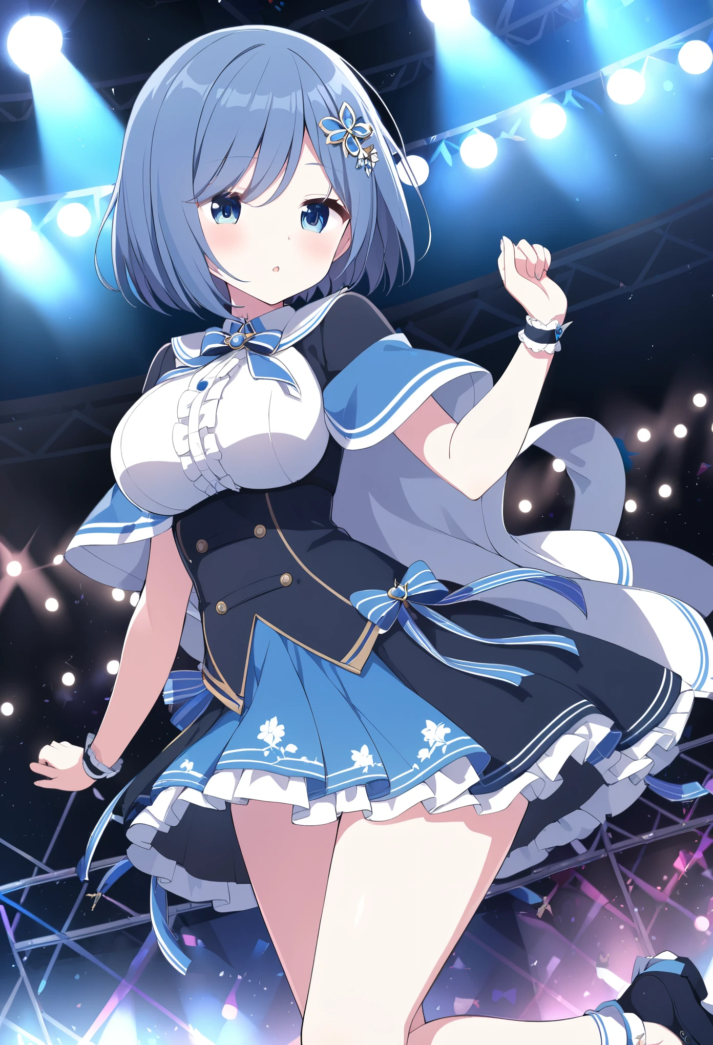 OrimiyaYui, short hair, blue hair, hair ornament, blue eyes, ,large breasts,, Live Stage, solo,