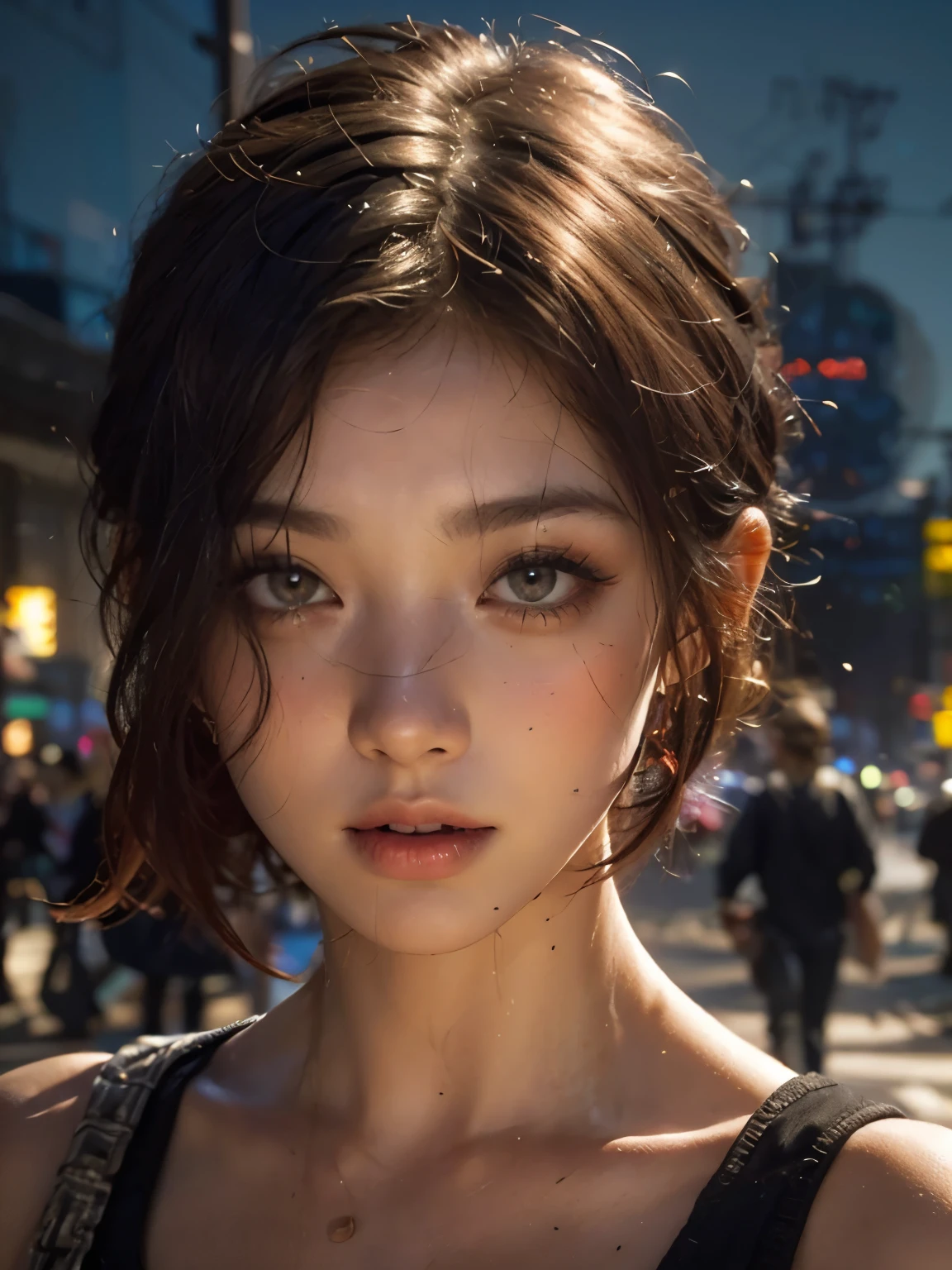 beautiful girl, bust, Bright red messy short hair, black eye shadow, (street style wear:1.2), (city background:1.2), dark makeup, The art of math, Popular topics on Artstation, highly detailed, fine details, complex, beautiful detailed glow, detailed, Light, high resolution, detailed facial features,sharp focus, Light slippery, aesthetic,
