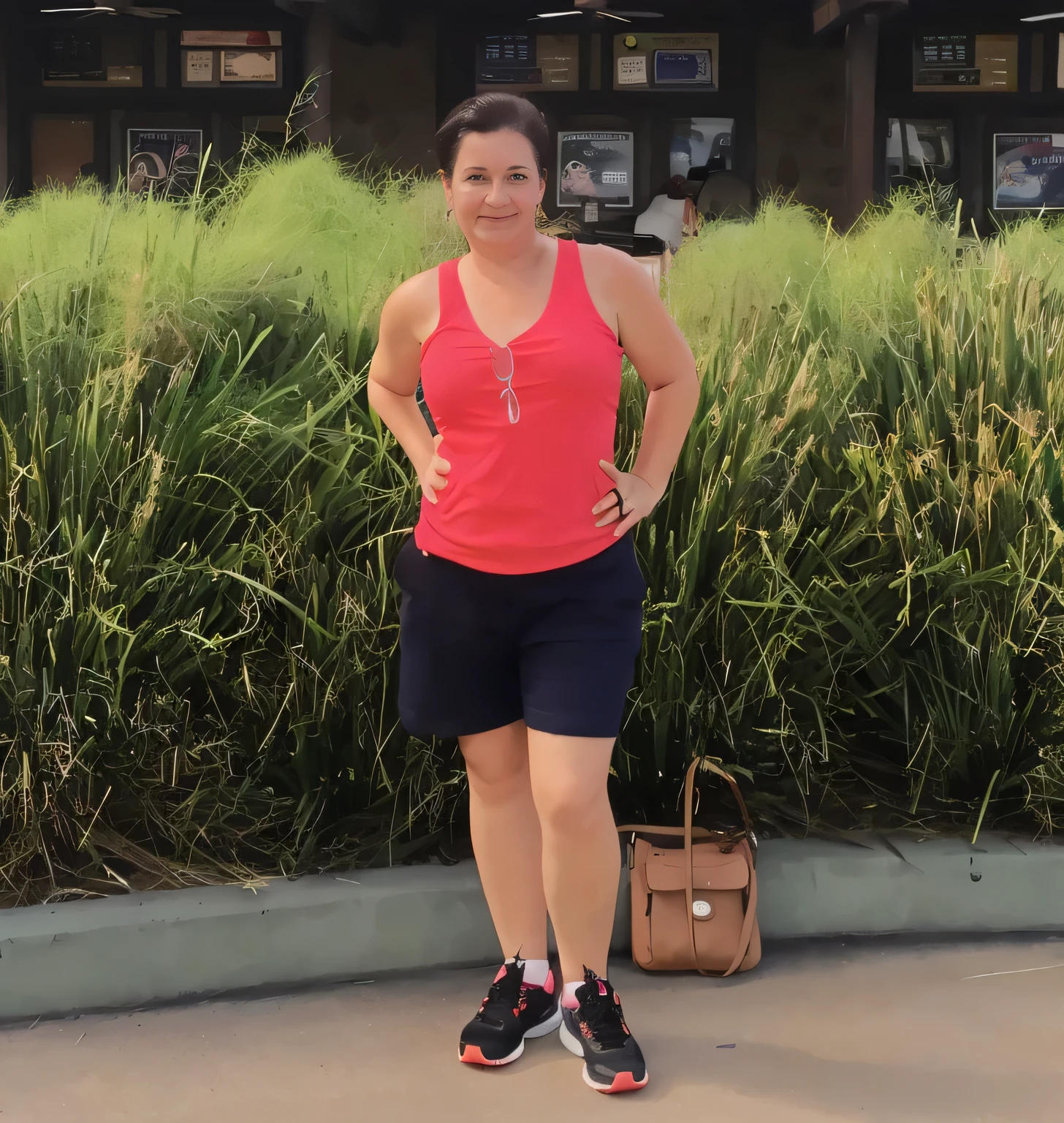 woman standing in front of a building with a purse and a handbag, wearing a tank top and shorts, 40 years woman, 3 0 years old woman, 40 years old woman, 40 years old women, dressed in a top and shorts, wearing red shorts, 4 5 yo, vacation photo, usa-sep 16, wearing fitness gear