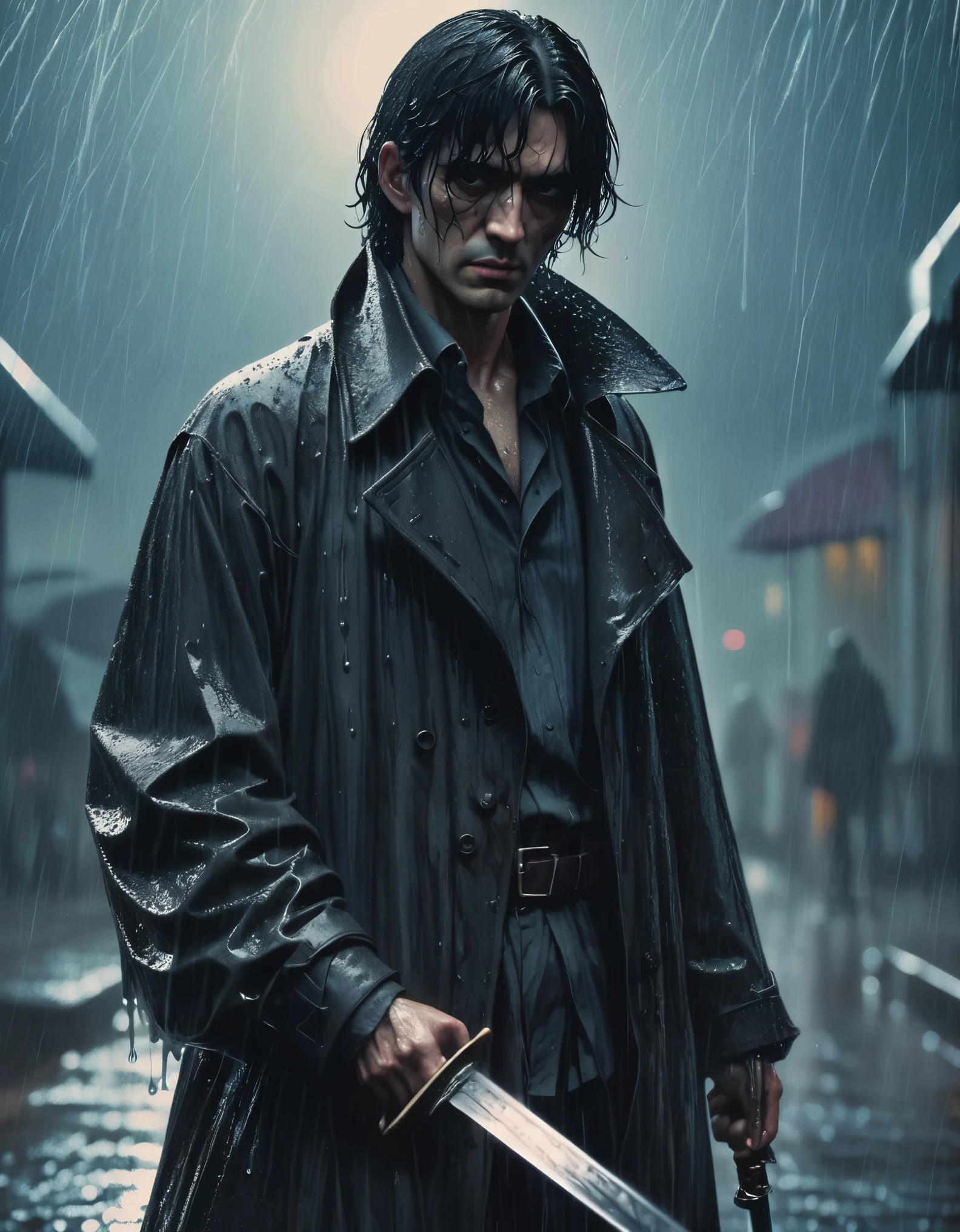 a black-haired man with a scarred face, a long coat, standing in the rain, holding a dripping wet sword, dramatic lighting, cinematic, moody, realistic, detailed facial features, detailed clothing, rain effects, wet surfaces, dark and gloomy atmosphere, dramatic shadows, high contrast, muted color palette, stormy weather, masterpiece, best quality, 8k