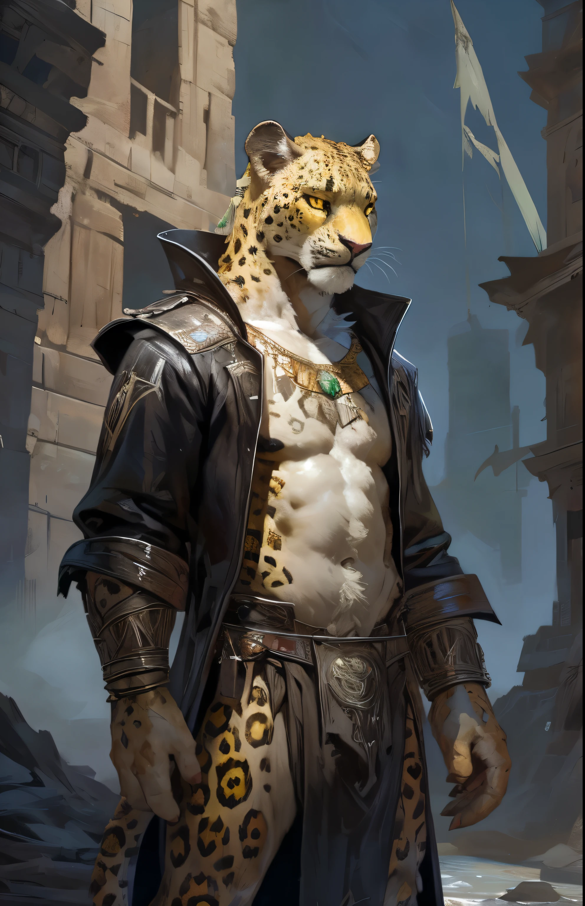 digital painting of anthro leopard, masterpiece, furry, anthro, felid, solo, male, skinny, lean, adult, (leopard)1.1, detailed, yellow fur, spots, white chest fur, (detailed yellow eyes)1.1, detailed head, concentrated face expression, stern face, high quality, digital painting, artwork, cinematic lighting, contrast, by taran fiddler, (by lindong)1.1, black nipples, full body, dark fantasy city port background, night, long black claws, white chest, white belly, long leather pirate coat, bare chest, colorful aztec loincloth, aztec jewelry gold and emerald, highly detailed