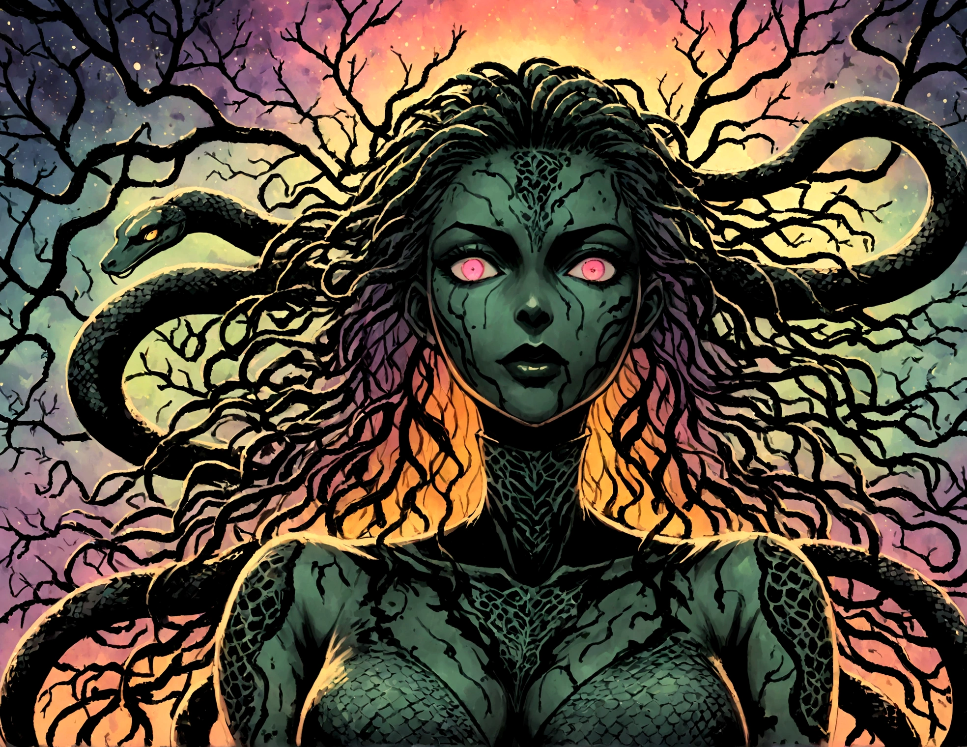 Medusa, splash page decompressed comic cover art, ink style figure, ((expressive Joelle Jones and "Sean Gordon Murphy" comic drawing)), wordless, cinematic poster, abyss void black no visibility darkness, forest green, earth brown), morphology anatomy drawn Frederic Delavier musculature anatomical illustration, (face, ornate black metal corpse paint, resembles Grace Jones), full length portrait, colors, bleak muted deep fiery radiant glowing ROYGBIV, (background, pine barrens, entropy, rewilding, magic hour sunset, galaxy stars, cosmos), candid, snake skin dress, (body, Naga, snakefolk, lower body snake tail, snake woman hybrid, bald, hairless, skeleton, snake skin tattoos, piercing eyes, snake pupils, over the shoulder), craftsmanship nuance, (Gerardo Zaffino charcoal), (horror, abstract, surreal, body, cosmic), subliminal orchids, nyctophobia, silhouette, double exposure, image within image,
