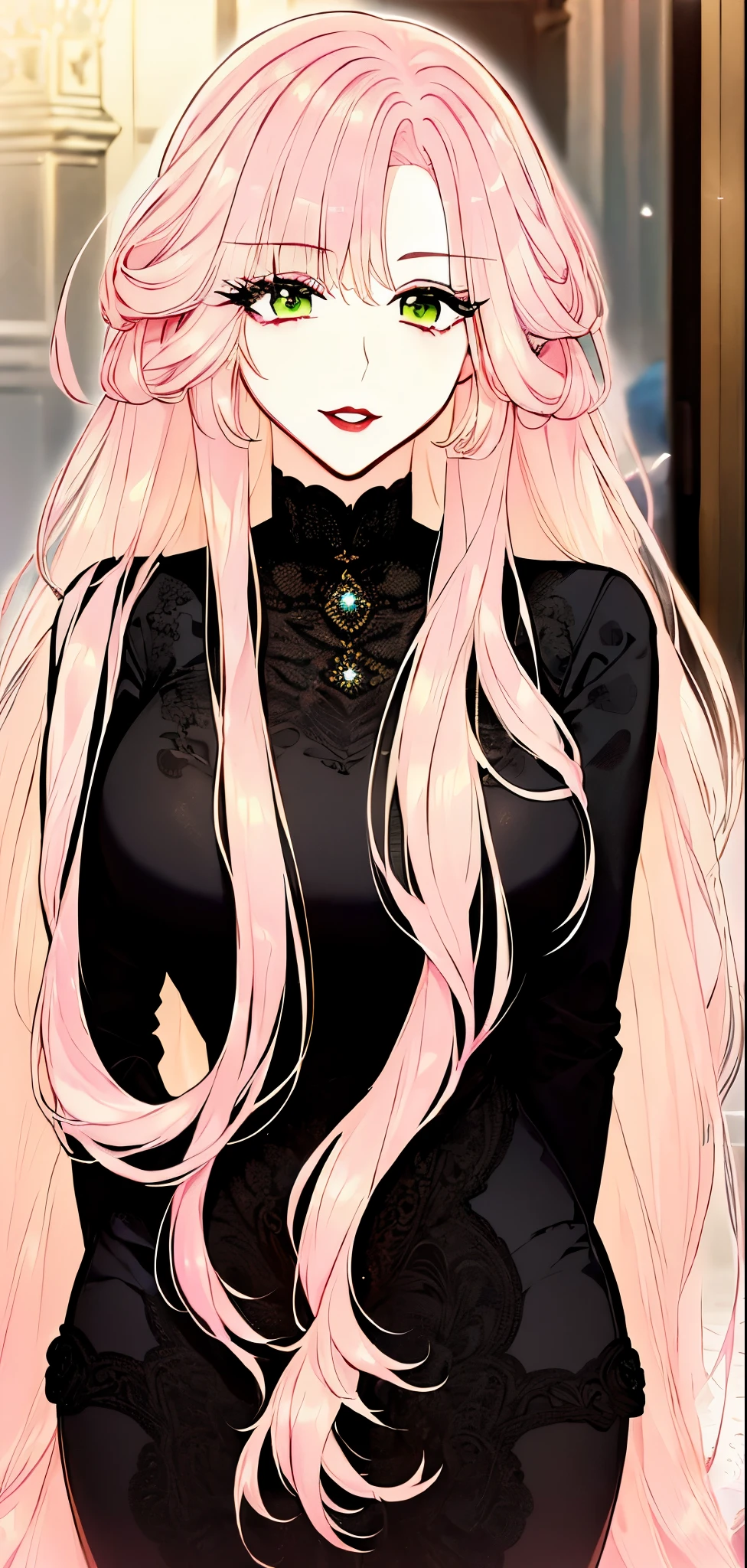 ((Light pink hair, long hair)), Woman in aristocratic noble dress((black dress)), long, curly hair, ((woman with makeup, red lips)).