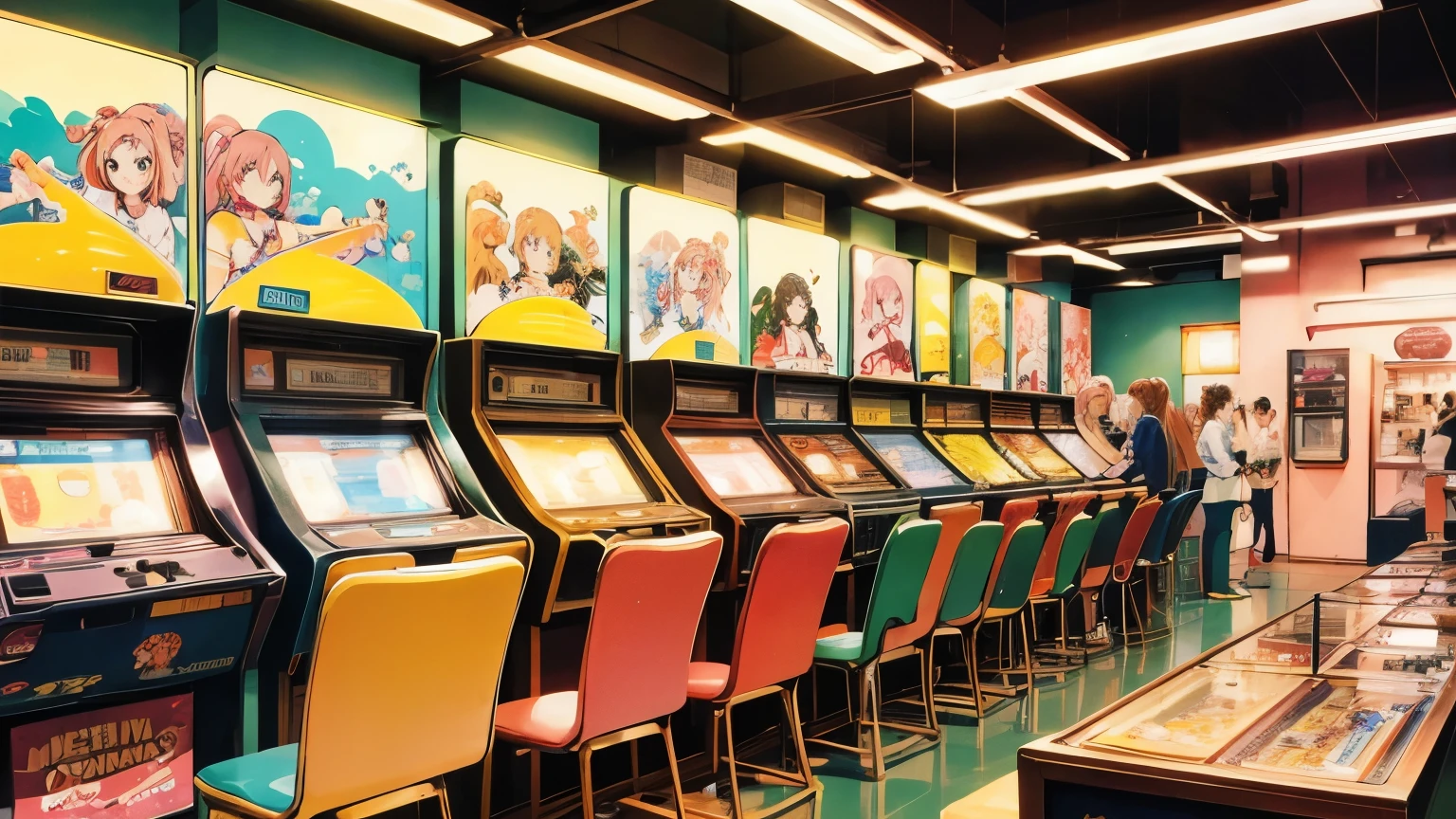 An anime-style illustration of a girl with pink hair in a ponytail and glasses, playing in a vintage game center. The girl is wearing retro clothing and the game center is filled with classic arcade machines from the Showa era. The scene is lit with warm, nostalgic lighting, capturing the vibrant atmosphere of the 1980s. Background elements include posters and decorations typical of the time, with a soft film grain effect to enhance the nostalgic feel.

