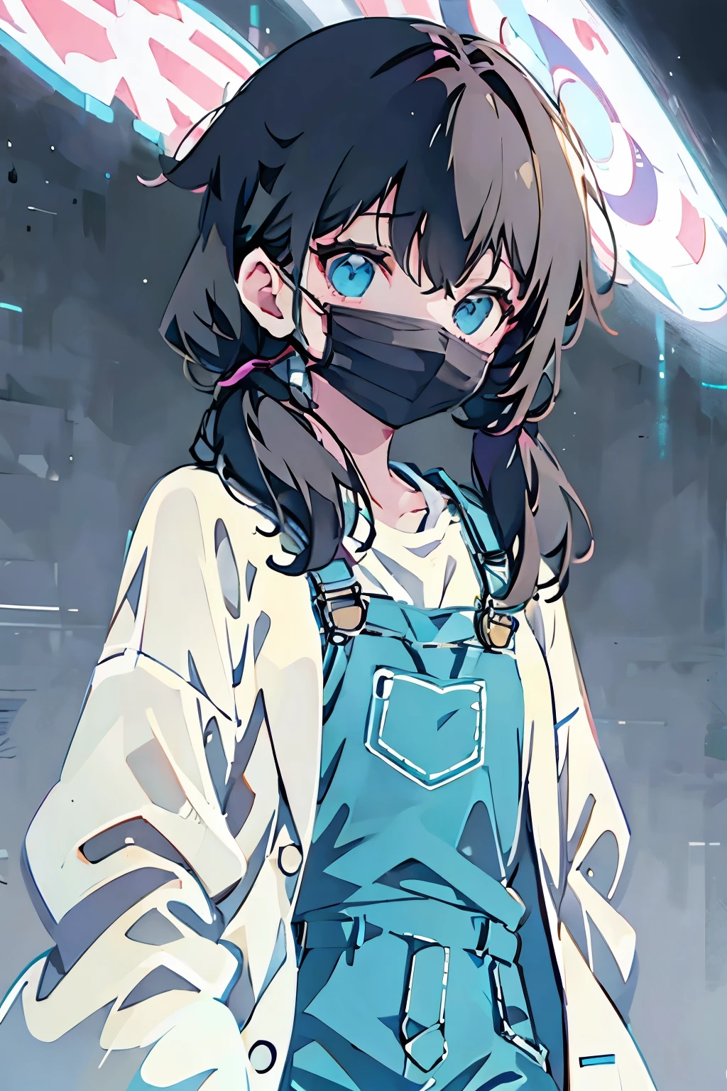 woman, overalls, lab coat, long twin tails, mask