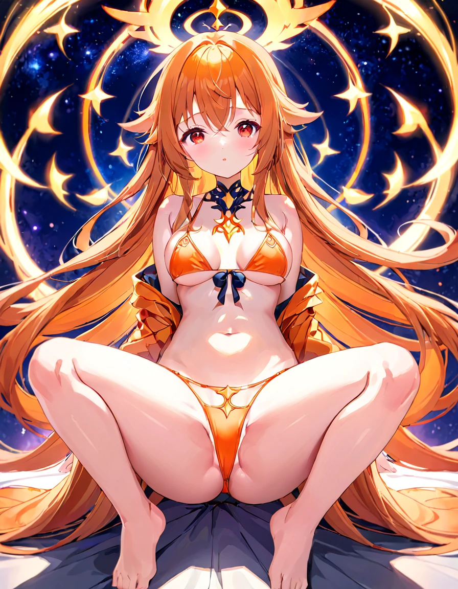 (masterpiece, best quality: 1.2), high resolution, high quality, girl, cute , , sexy bikini random, orange very long hair, , spiritual aura, sitting, , , , red eyes