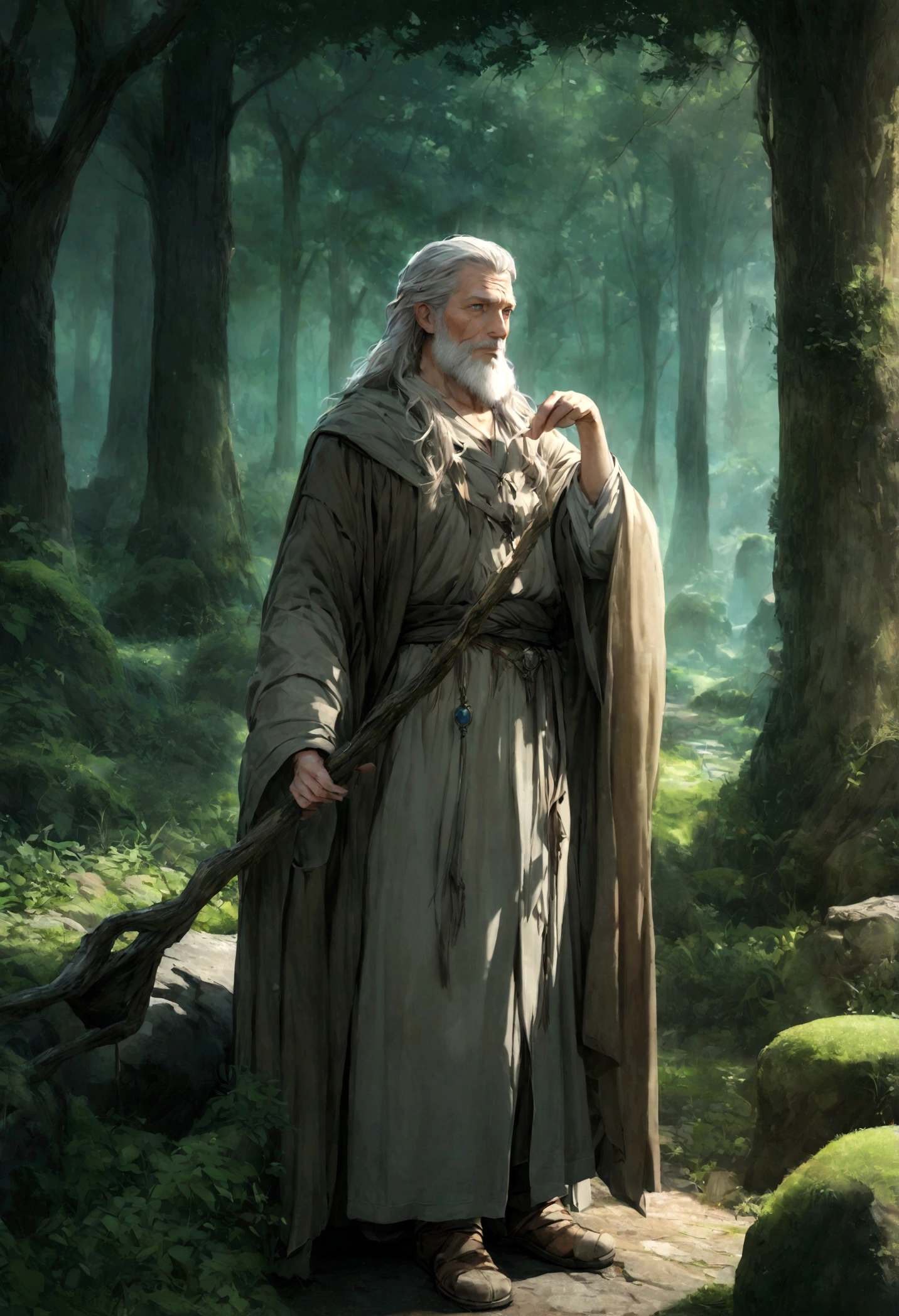 Gandalf the Gray Wizard by Brazilian actor Ary Fontoura
(best quality,4k,8K,high resolution,Artwork:1.2),ultra-detailed,physically based rendering,professional,strong druid,bearded man,wrinkled face,,wise eyes,light gray robe,holding staff,,tree ancient in the background, misty forest, soft sunlight filtered through the trees, enchanted atmosphere, mythical creatures in the distance, moss-covered stones, serene and tranquil, color palette with earthy tones, subtle shades of green and brown, calm and mysterious lighting, harmonious mix of warmth and coolness.Gandalf the Gray Wizard by Brazilian actor Ary Fontoura