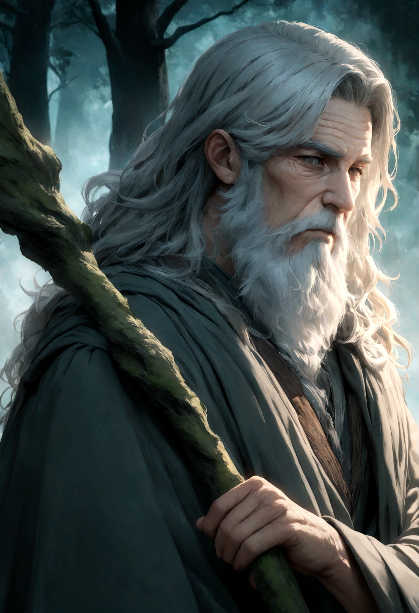 Gandalf the Gray Wizard by Brazilian actor Ary Fontoura

(best quality,4k,8K,high resolution,Artwork:1.2),ultra-detailed,physically based rendering,professional,strong druid,bearded man,wrinkled face,,wise eyes,light gray robe,holding staff,,tree ancient in the background, misty forest, soft sunlight filtered through the trees, enchanted atmosphere, mythical creatures in the distance, moss-covered stones, serene and tranquil, color palette with earthy tones, subtle shades of green and brown, calm and mysterious lighting, harmonious mix of warmth and coolness.Gandalf the Gray Wizard by Brazilian actor Ary Fontoura