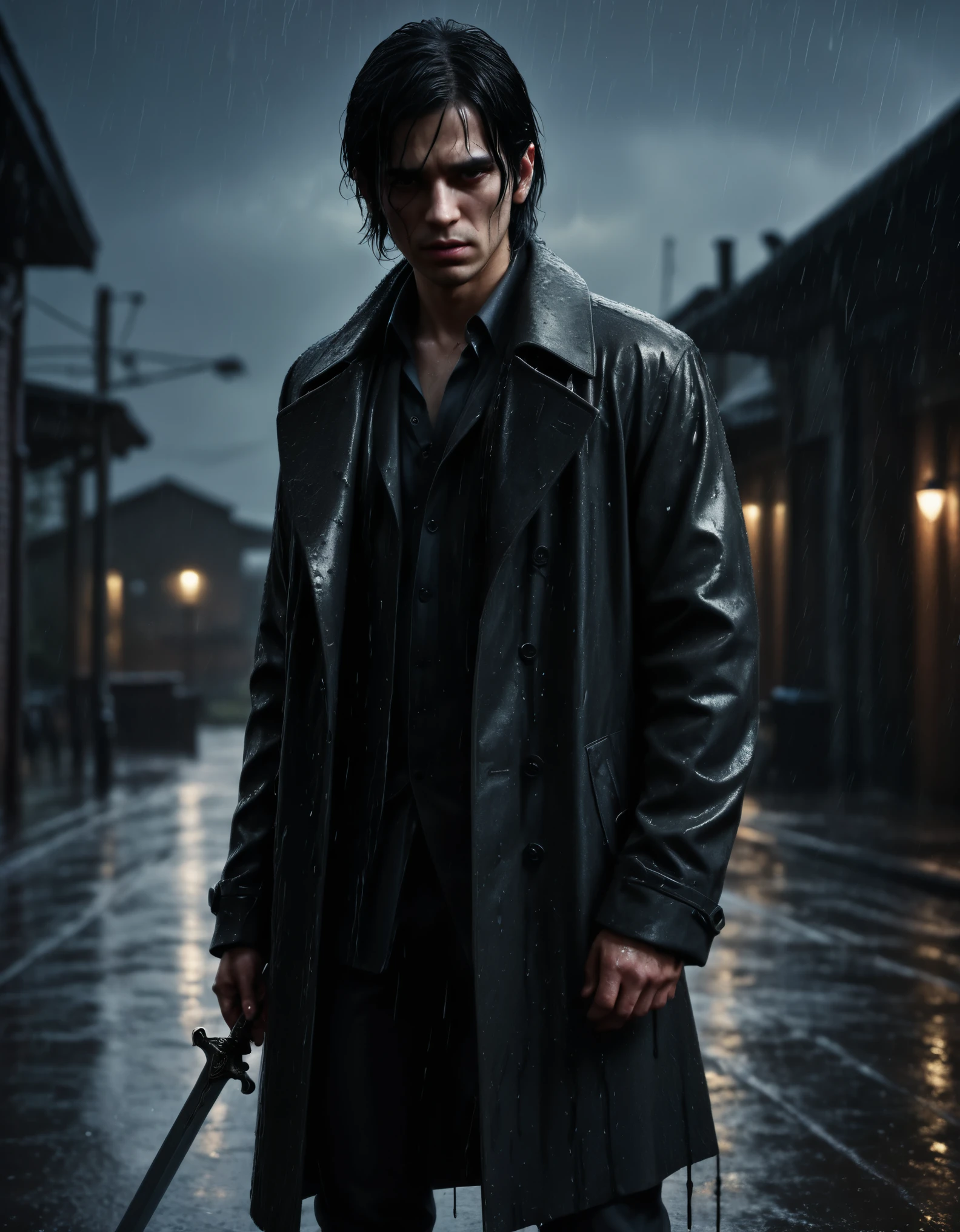 A black haired man, scarred face, wearing a coat, standing in the rain, dripping sword, dramatic, cinematic, moody lighting, stormy atmosphere, high contrast, dark and gritty, realistic, 8k, detailed, photo-realistic, masterpiece