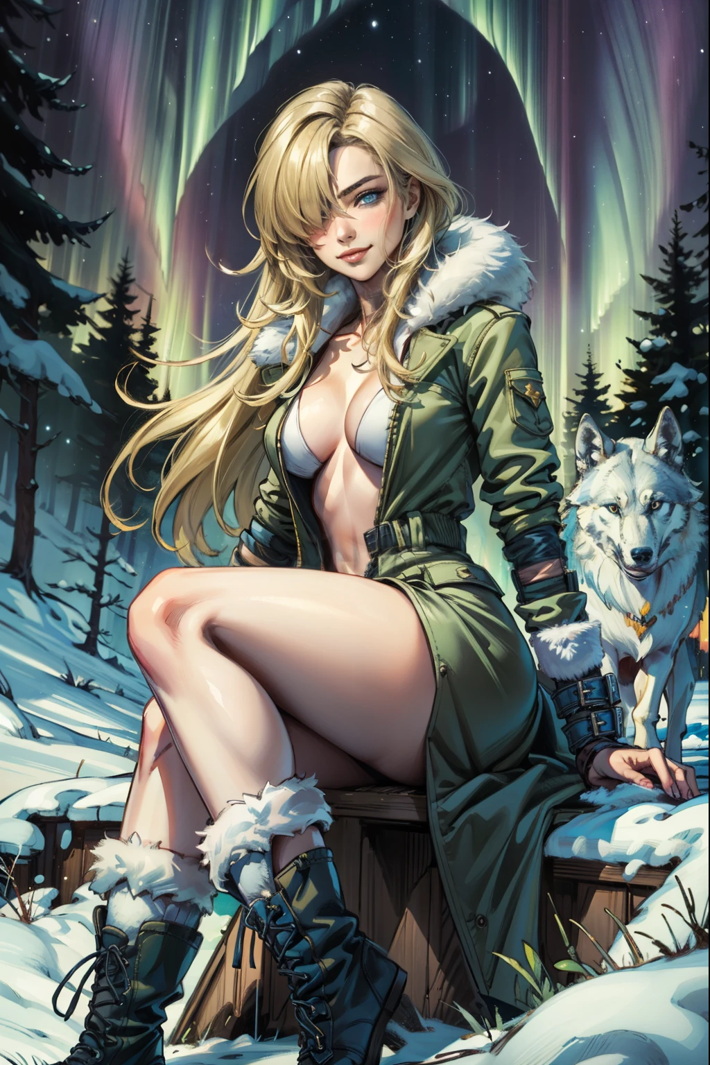 (masterpiece, best quality:1.2), solo, 1girl, hair over one eye, blue eyes, cleavage, Gentle smile, Winter coat (white), Boots, Winter forest, aurora borealis, Night, Wolf,