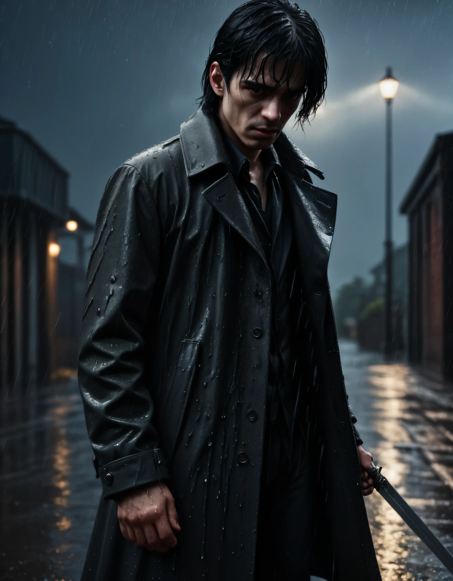 A black haired man, scarred face, wearing a coat, standing in the rain, dripping sword, dramatic, cinematic, moody lighting, stormy atmosphere, high contrast, dark and gritty, realistic, 8k, detailed, photo-realistic, masterpiece