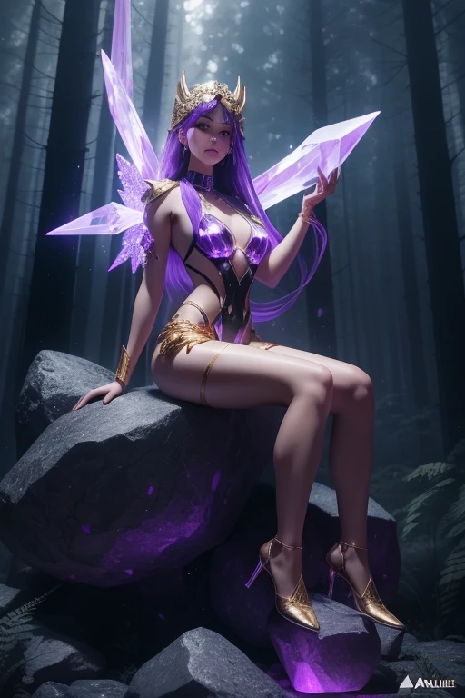 A full-length girl sculpted from billelis [amethyst] + illuminated with geometric neon drops of gold + forest in the background; dynamic pose, sitting on a stone, dark atmosphere, transcendent, bright color, clear composition, clear lines, fine detail, 4k, trending on artstation, photorealistic, volumetric lighting, rendering with octane by number