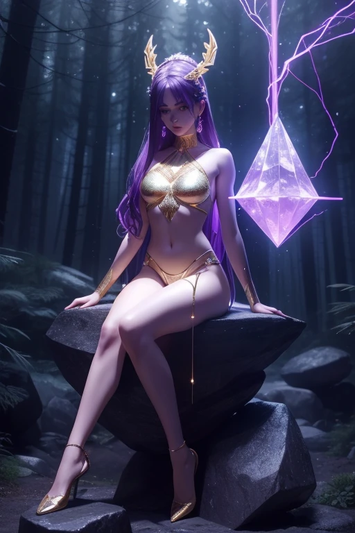 A full-length girl sculpted from billelis [amethyst] + illuminated with geometric neon drops of gold + forest in the background; dynamic pose, sitting on a stone, dark atmosphere, transcendent, bright color, clear composition, clear lines, fine detail, 4k, trending on artstation, photorealistic, volumetric lighting, rendering with octane by number