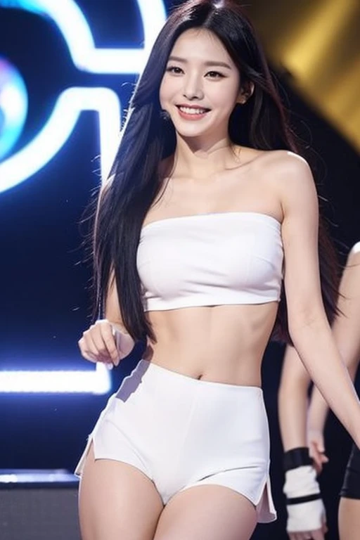 Chinese woman, Ningning, very long hair, black hair, straight hair, sexy woman, K-pop idol, Aespa K-pop, smiling, single woman, white colour tight strapless crop top tube top, white colour tight short pants, white heels