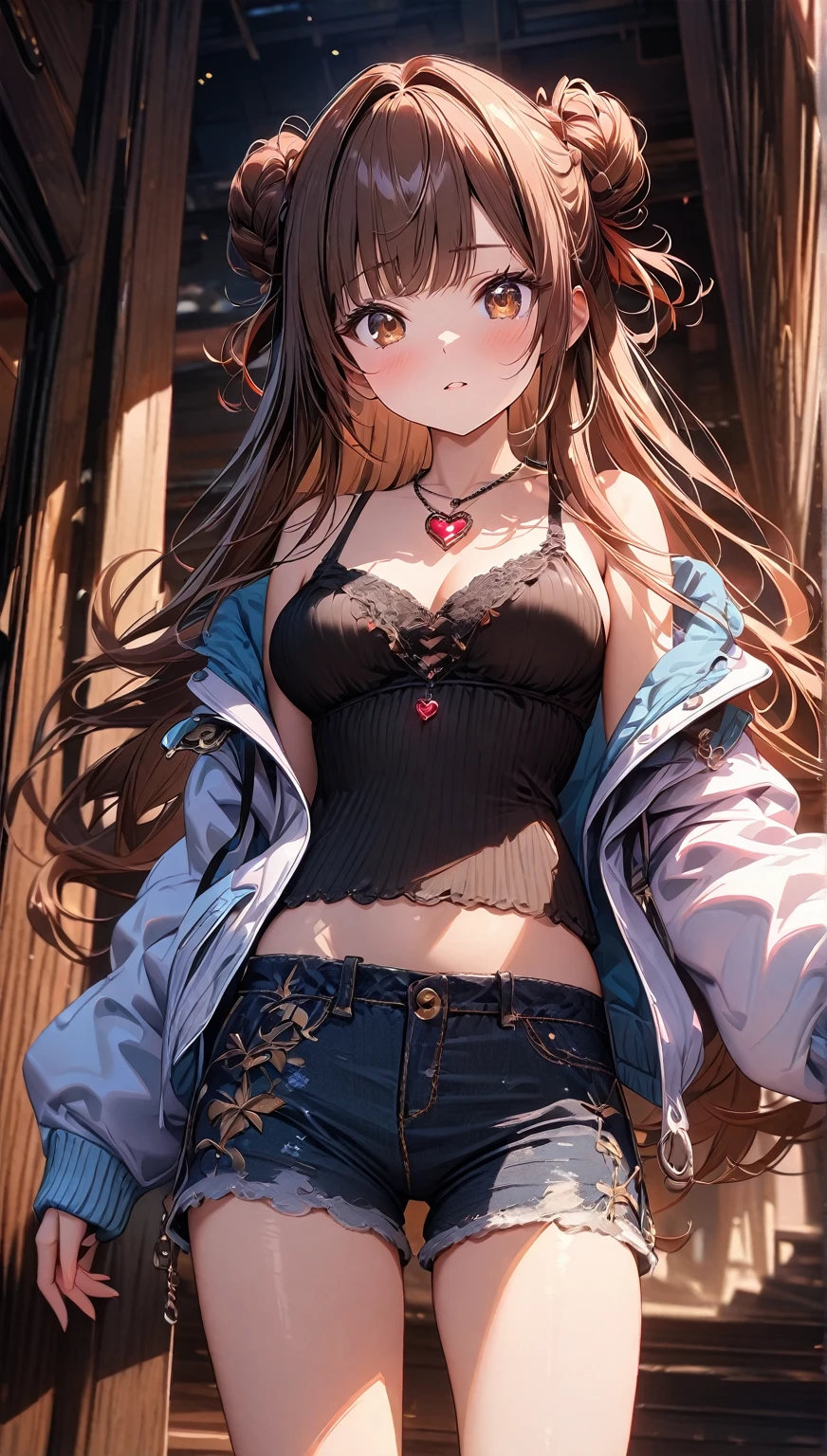 1girl, (best quality, top details, high quality, detailed, highest quality, recent, sensitive, greater quality, highres, ultra fine painting, masterpiece:1.2), (from below:0.5), digital art, 8k CG wallpaper, 4k, 8k resolution, CG, detailed background, high resolution, epic lighting, RAW photo, POV shot, sharp focus, HDR, UHD, professional photography, good lighting, soft light, soft colors, looking at viewer, detailed lights and shadows, niji style, stylish, ultra, ultra-detailed, trending art, master crafted, blurry background, pose, top quality, details, solo, a nervous girl, (big medium breasts:1.2), tight bust, flushtered, nice hips, nice body, casual, innocent face, cute, slim, nervous face, brown hair, long flowing hair, twin buns hairstyle, long bangs, (long hair), middle hair bangs, brown eyes, full body, ((tight black string tanktop:1.2), exposed tummy, off shoulder green open hoodie, shorts, one big red gem heart necklace)