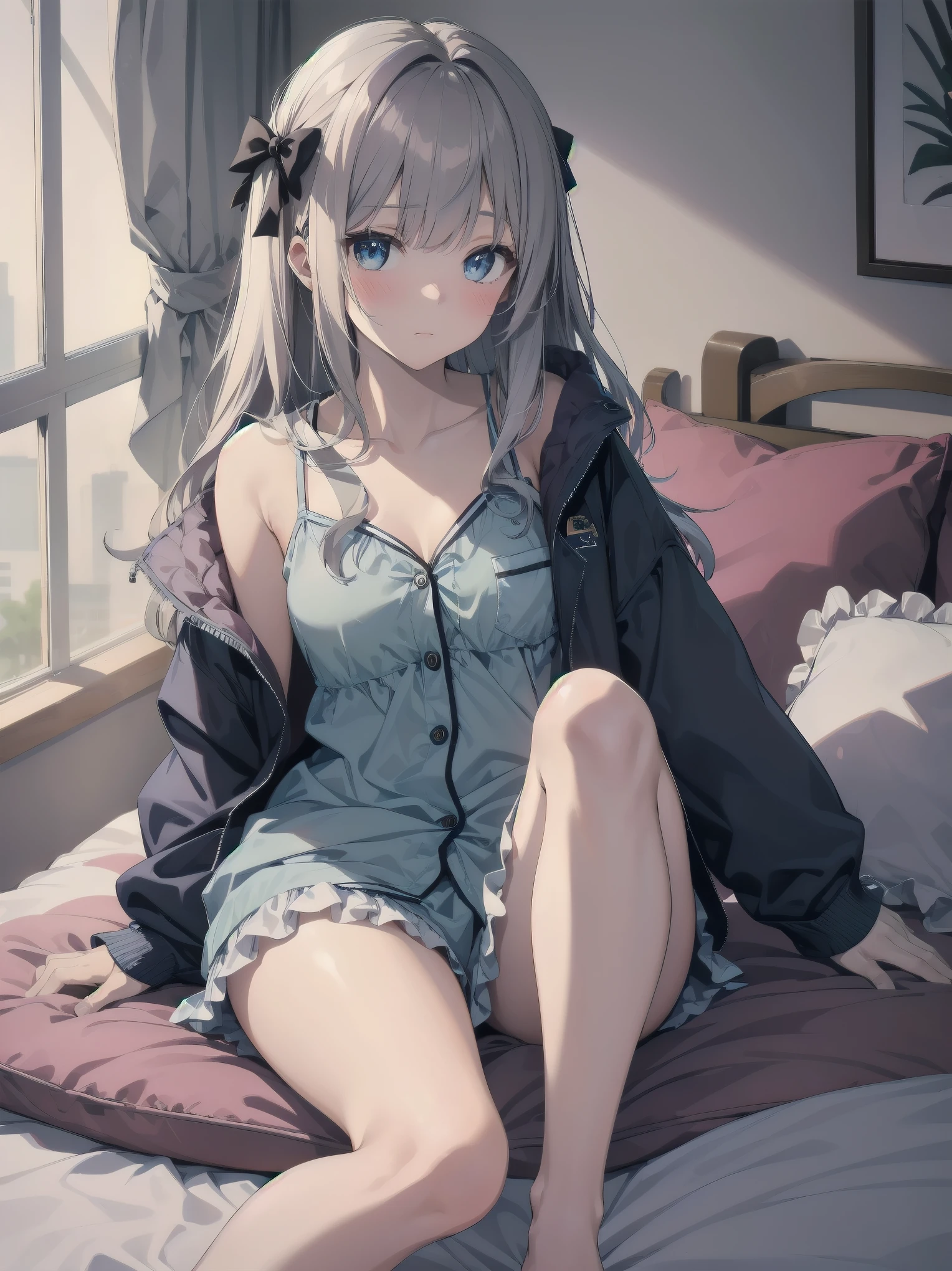 1girl, solo, long hair, looking at viewer, blush, bangs, blue eyes, long sleeves, bow, sitting, closed mouth, collarbone, jacket, hair bow, grey hair, thighs, frills, open clothes, indoors, hood, legs, book, bare legs, window, bed, on bed, stuffed toy, pink bow, blue jacket, pajamas, slippers, bedroom,