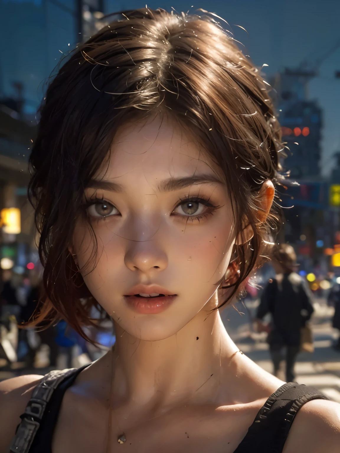 beautiful girl, bust, Bright red messy short hair, black eye shadow, (street style wear:1.2), (city background:1.2), dark makeup, The art of math, Popular topics on Artstation, highly detailed, fine details, complex, beautiful detailed glow, detailed, Light, high resolution, detailed facial features,sharp focus, Light slippery, aesthetic,