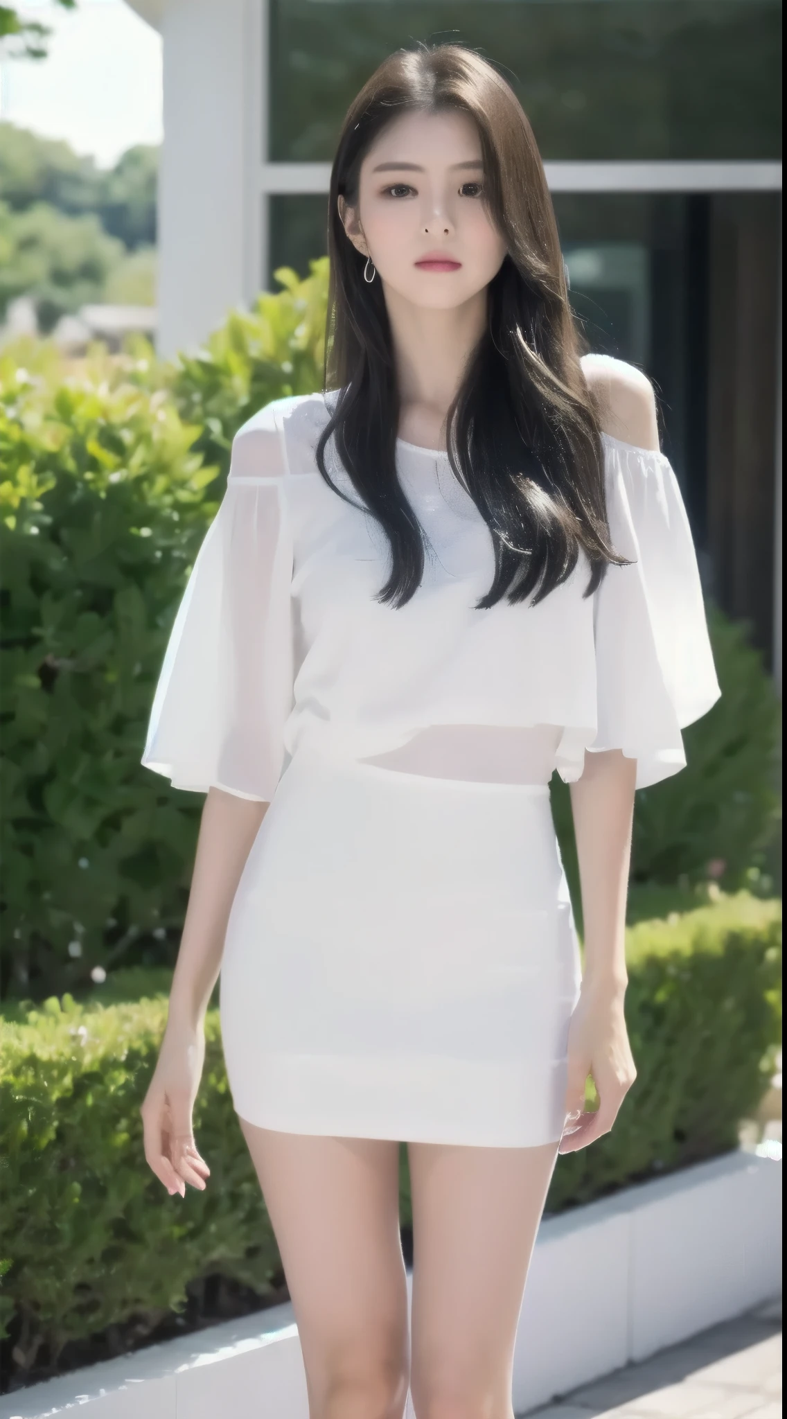 (Best Quality, 8K, masutepiece, Ultra HD: 1.3), 1girl in, small ,light brown hair, Blunt bangs, hair behind ear, hair over shoulder, Long hair, slender body shape, Ultra Fine Face, Delicate lips, Beautiful eyes, Double eyelids, lipsticks, thin blush ,Black eyes ,perfect glossy skin,flawless skin fair white skin ,Glistening sweat,A gaze that captivates you, Ultra-thin hands, Ultra-fine fingers, White blouses, White tight skirt , beauty legs ,Low Heels. outside of house、In the middle of a date