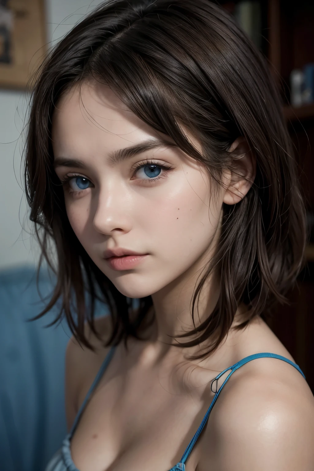 Joven adulta de cabello rubio y corto, con ojos azules 