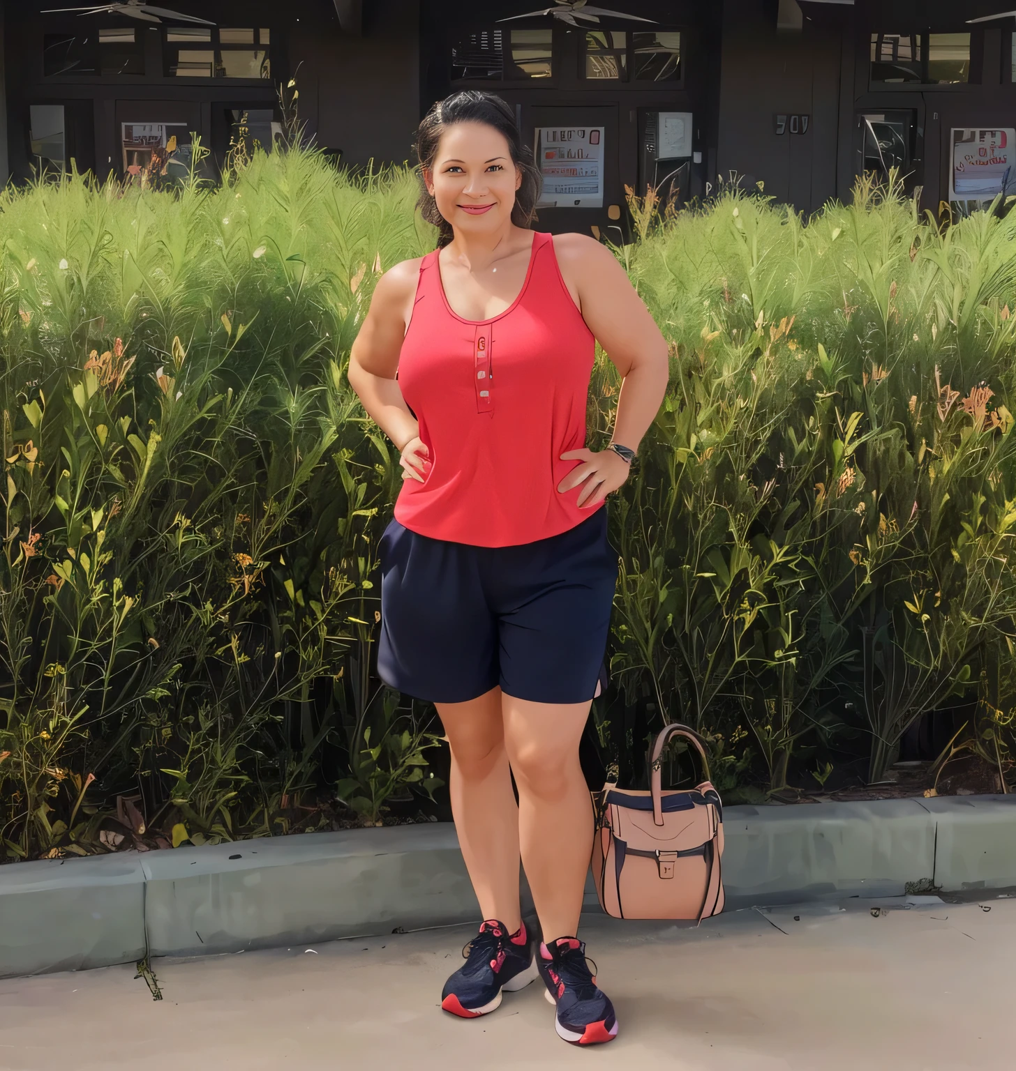 woman standing in front of a building with a purse and a handbag, wearing a tank top and shorts, 40 years woman, 3 0 years old woman, 40 years old woman, 40 years old women, dressed in a top and shorts, wearing red shorts, 4 5 yo, vacation photo, usa-sep 16, wearing fitness gear