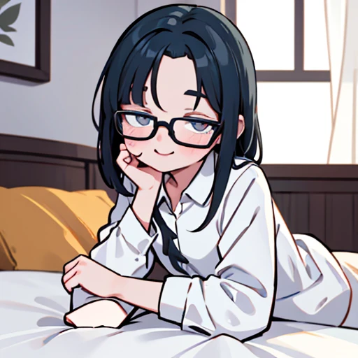 1 garota, seios grandes, sentado em uma cama, quarto colorido, sorridente, cabelo castanho, wearing glasses, erotic, rubor, olhos azuis claro, just with a white shirt, alta qualidade, 8K, rosto fofo