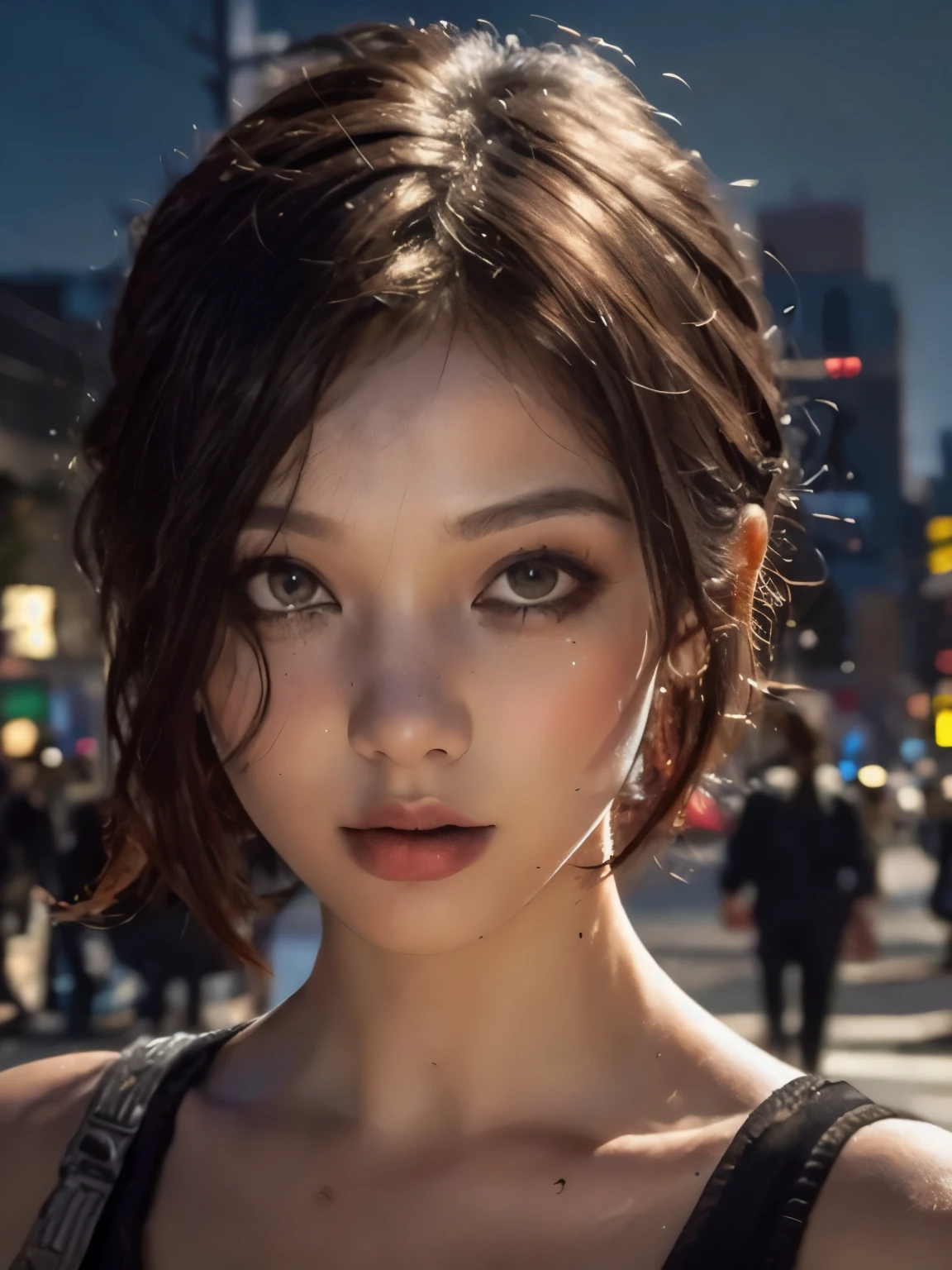 beautiful girl, bust, Bright red messy short hair, black eye shadow, (street style wear:1.2), (city background:1.2), dark makeup, The art of math, Popular topics on Artstation, highly detailed, fine details, complex, beautiful detailed glow, detailed, Light, high resolution, detailed facial features,sharp focus, Light slippery, aesthetic,