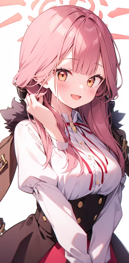 ((One Girl)),(smile), Looking straight at the camera,Red cheeks, highest quality, ((White background)),(((Natural Hands))), (upper body)