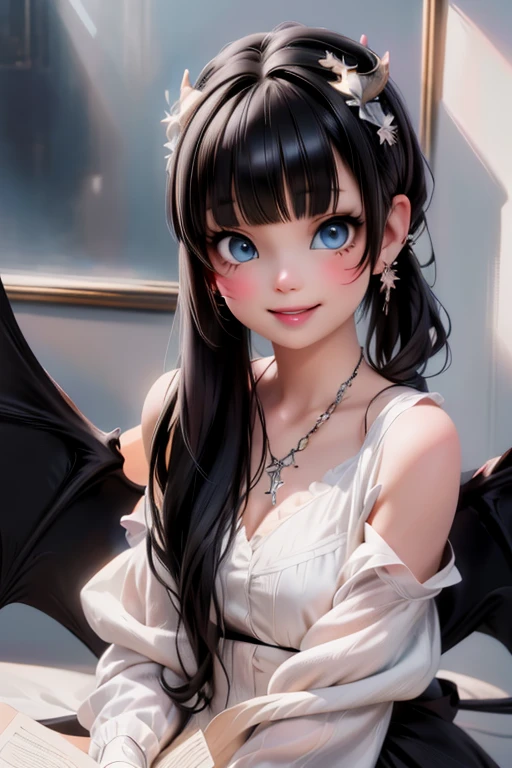 // Pose
Close_up,
// Style
medium breasts, gothic victorian (short) dress, demon wings, Fluorescent wings, beautiful detailed skin, (cute:1.2), (black hair), (depth of field),soft light, Lens Glow,
// Features
smiling, floating hair,
// Character
movie scene, cinematic, full colors, 4k, 8k, 16k, RAW photo, masterpiece, professionally color graded, professional photography,
female angel, hair up, consider,(blush,open mouth)1.3,soft clean focus, realistic lighting and shading, (an extremely delicate and beautiful art)1.3, elegant,active angle,dynamism pose,
// Fashion
(blackhair), black(demon wings), (Fluorescent wings ), sylver necklace, sylver earrings, sparkling eyes, intrincated hairstyle, soft (blue eyeshadows),
// Quality
RAW photo, portrait, best quality, high res,
// Features
gothic victorian (short) dress,

