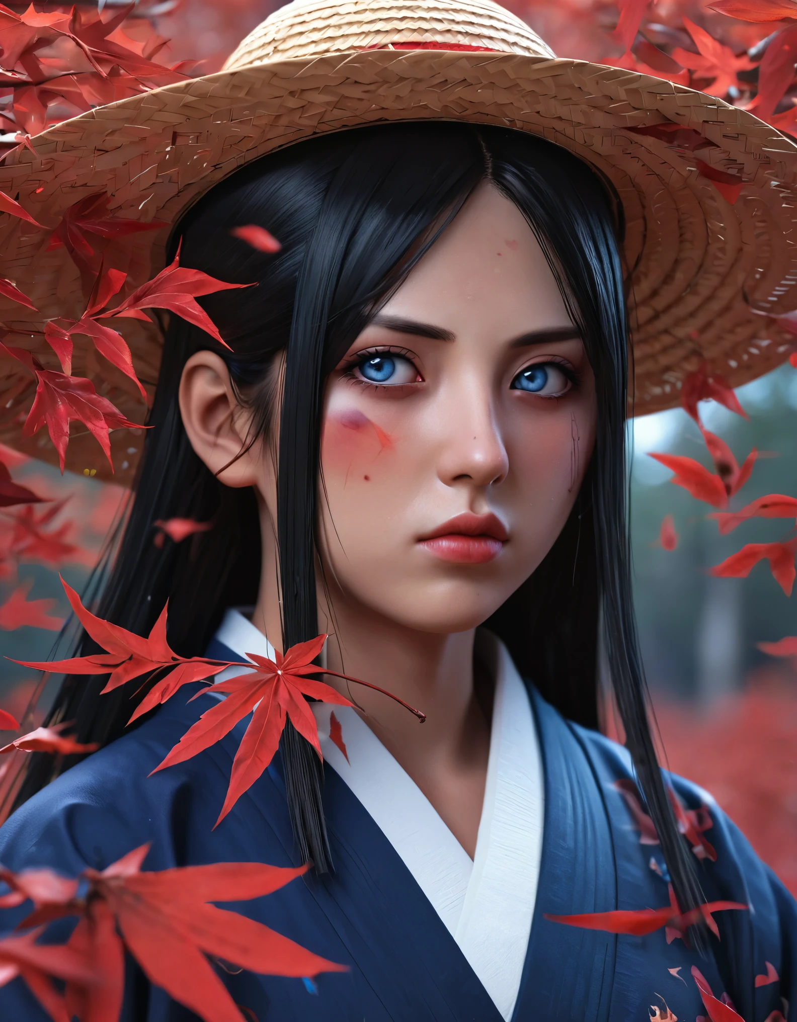 Itachi uchiha, dark hair and straw hat, surrounded by red leaves and crows, holding a churiken, wearing akatsuke kimono, red and blue sky with red leaves falling, (best quality,4k,8k,highres,masterpiece:1.2),ultra-detailed,(realistic,photorealistic,photo-realistic:1.37),portrait,fantasy,detailed face,beautiful detailed eyes,beautiful detailed lips,extremely detailed eyes and face,long eyelashes,vivid colors,dramatic lighting,moody atmosphere,cinematic,epic scale