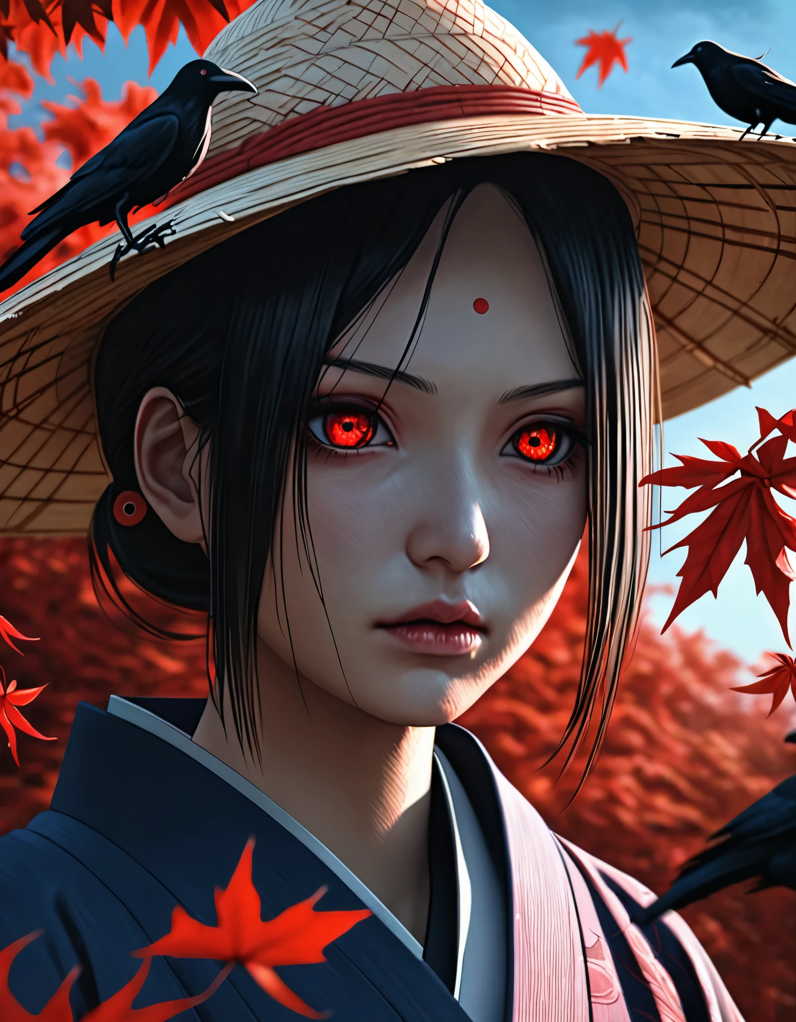 Itachi uchiha, dark hair and straw hat, surrounded by red leaves and crows, holding a churiken, wearing akatsuke kimono, red and blue sky with red leaves falling, (best quality,4k,8k,highres,masterpiece:1.2),ultra-detailed,(realistic,photorealistic,photo-realistic:1.37),portrait,fantasy,detailed face,beautiful detailed eyes,beautiful detailed lips,extremely detailed eyes and face,long eyelashes,vivid colors,dramatic lighting,moody atmosphere,cinematic,epic scale